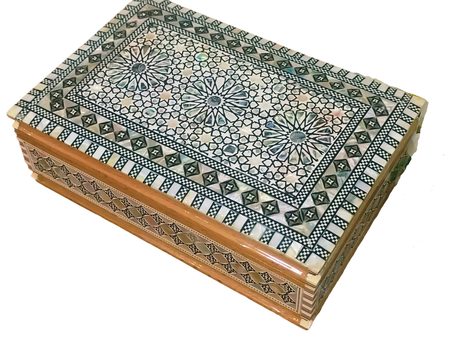 FAMA.store Handmade Egyptian Jewelry Box – Mother of Pearl Inlay – Decorative Wooden Trinket Box for Women Oriental Keepsake Storage Organizer (8.8" x 5.8" x 2.8"inch M05)
