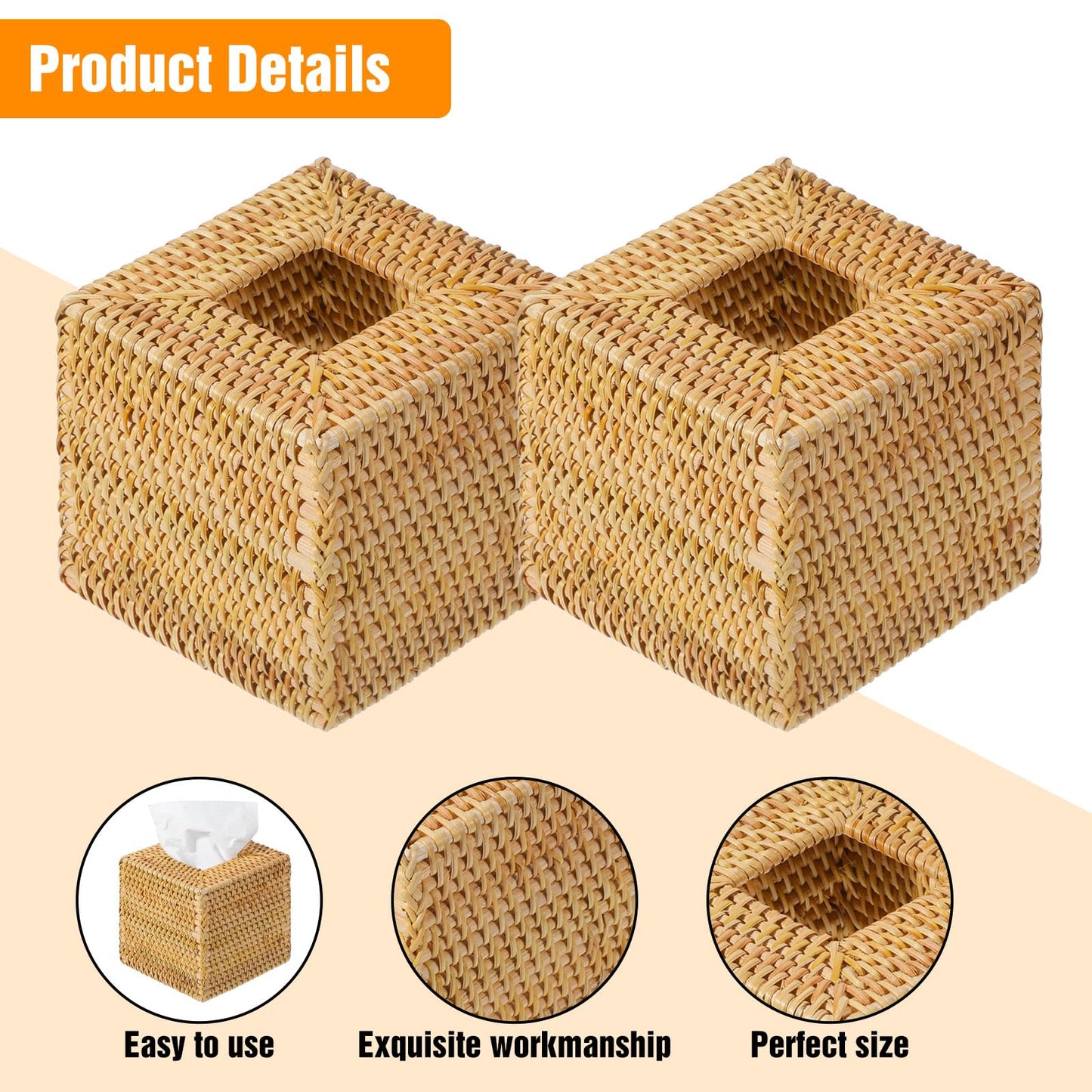Afcabakila 2 Pack Square Rattan Tissue Box Cover, Natural Wicker Tissue Box Holder Hand Woven, Decorative Facial Tissue Holder for Bathroom, Living Room, Office, Car, 5.5 x 5.5 x 5.5 Inches