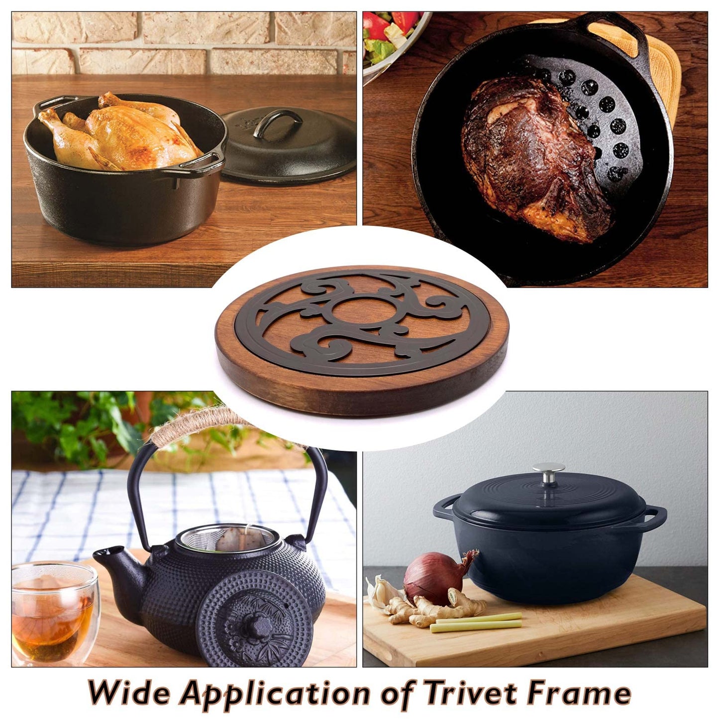 Cast Iron with Wood Trivets Set of 2, Wooden Trivets for Hot Dishes, 8-inch Round Kitchen Hot Pads for Table and Kitchen Counter- Heat Resistant, Rustproof, Non-Slip Durable, Hand Crafted (Black)