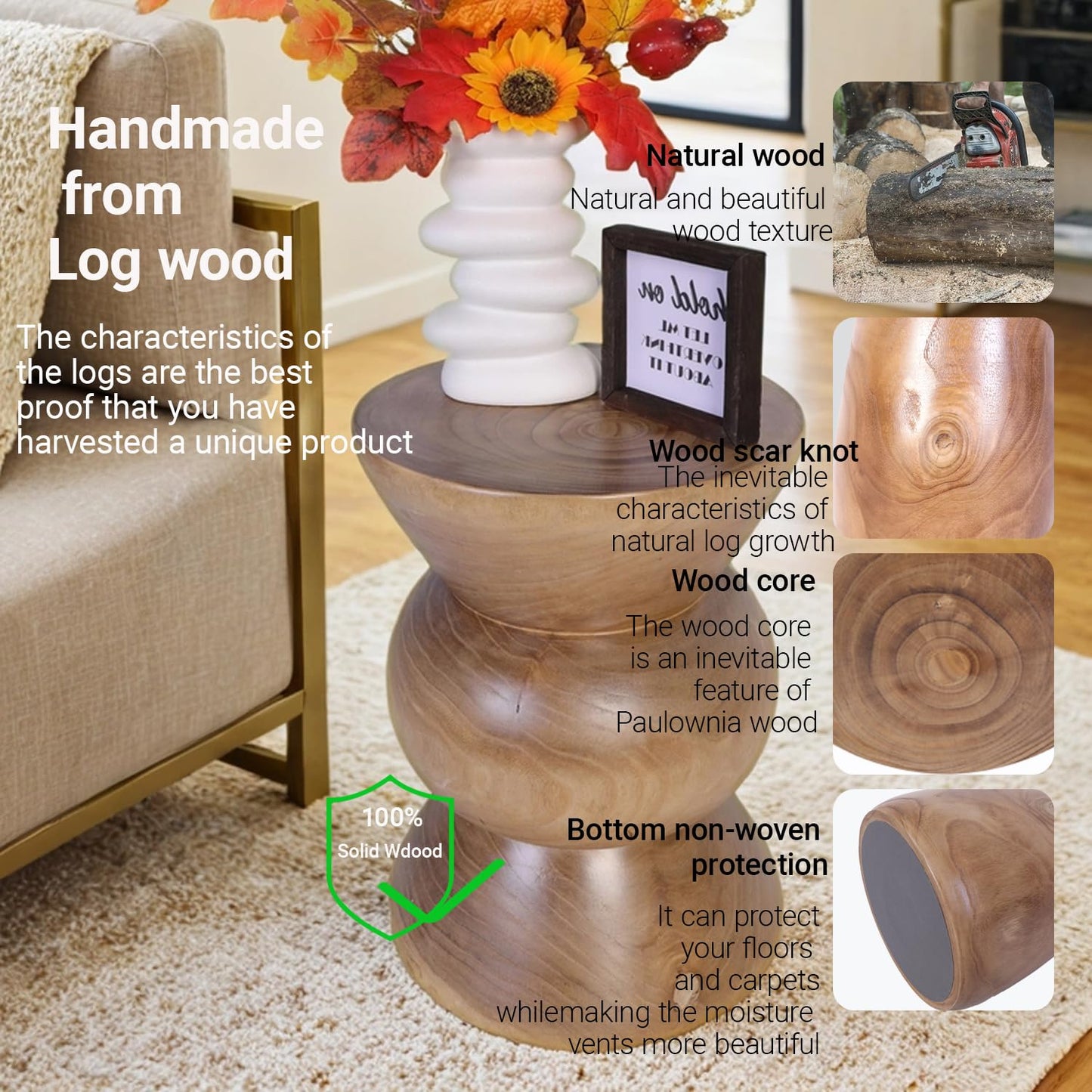 Athaliah Wooden Side Table, Hand Carved Rustic Wood Tree Stump End Table, Natural Paulownia Wood Round Coffee Table, Indoor Outdoor Wood Stump Stool for Living Room, Bedroom, Garden, Patio