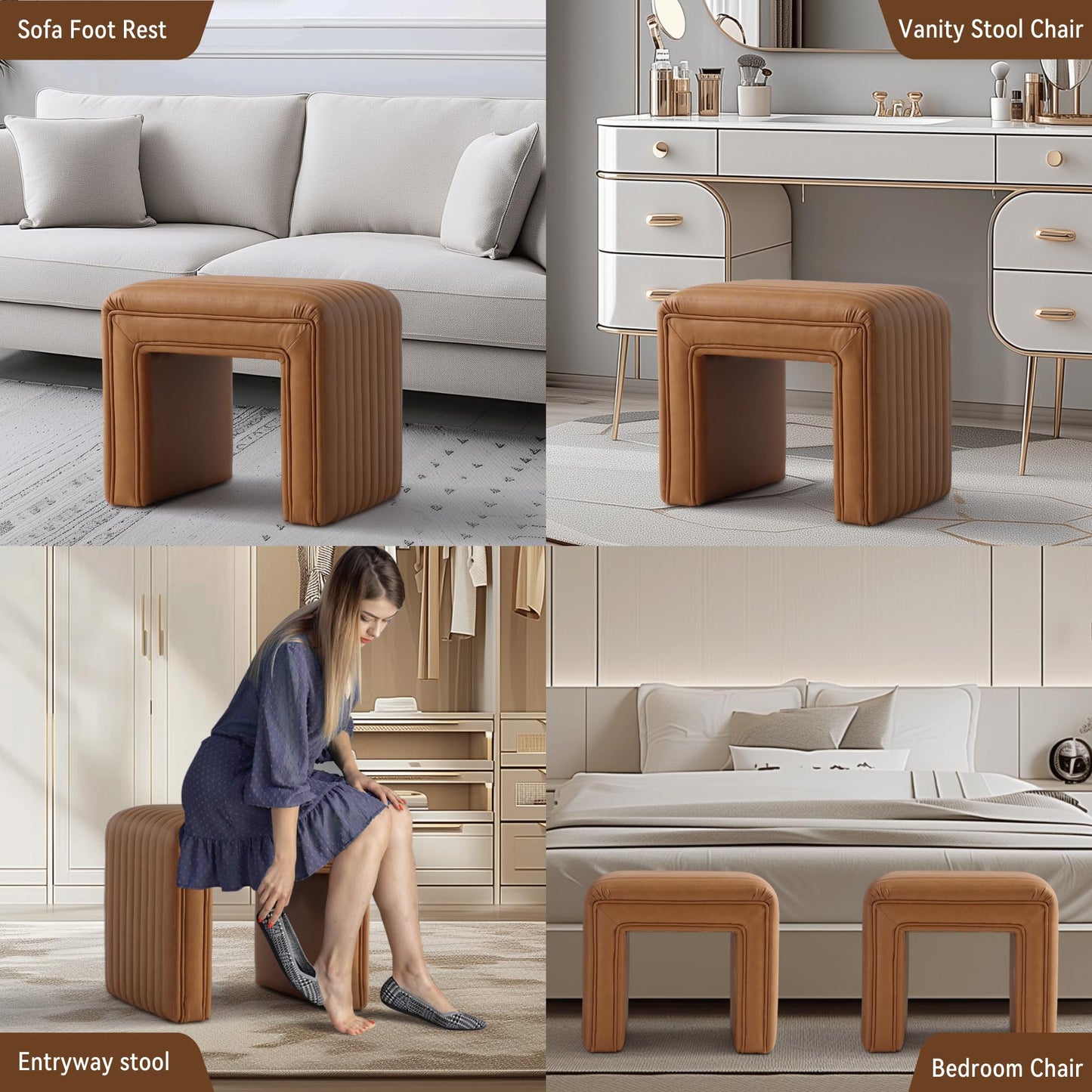 Get Set Style Vanity Stool Chair,Modern Leather Ottoman Foot Stool with Wooden Legs Sofa Bench Footstool Extra Seat for Vanity,Makeup Room,Living Room,Entryway,Office (Fully Assembled)