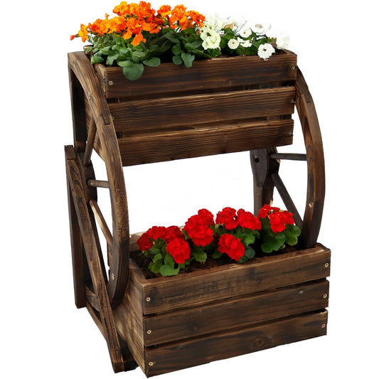 Sunnydaze Wagon Wheel 2-Tier Rustic Wood Plant Stand - Tiered Garden Box - For Patio, Garden, or Front Porch - Charred Fir Wood