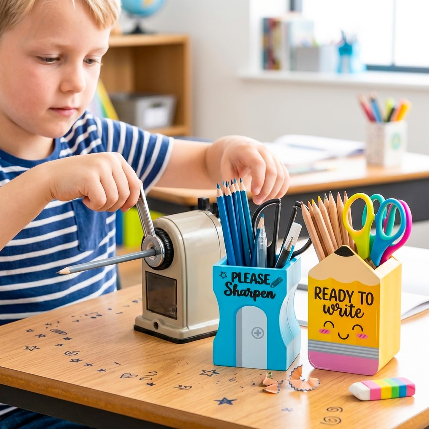 MALLMALL6 3Pcs Pencil Sharpen Eraser Shaped Pencil Holder, Back to School Wooden Caddy Case Gifts for Kid Student, No Assembly Sharp Dull Shaped Desktop Dispenser Storage Organizer for Classroom Decor