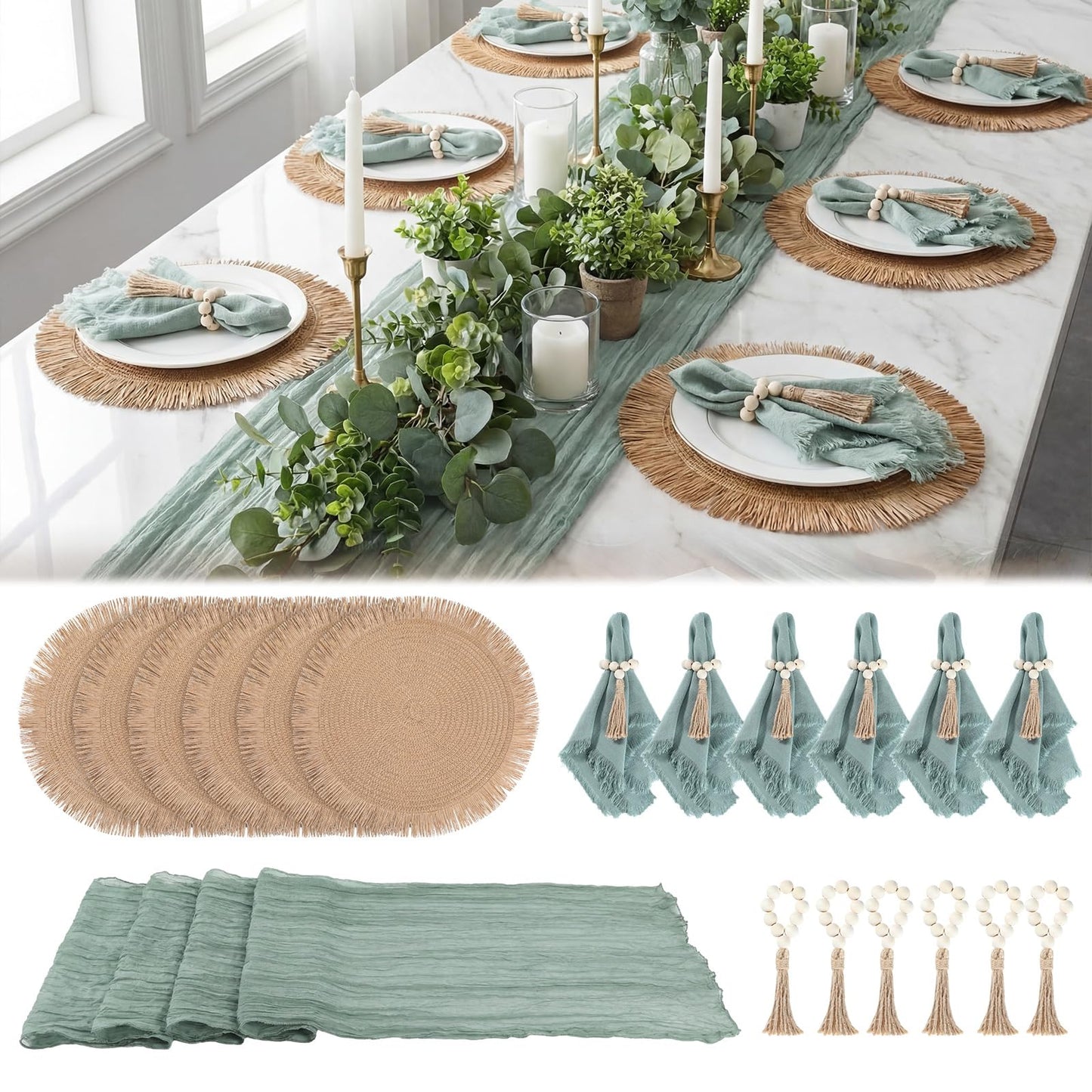 Frienda Set of 6 Boho Table Placemats Round Woven Place Mats Matching Linen Textured Napkins Wood Bead Napkin Rings and 1 Pcs Sage Green Table Runner for Home Farmhouse Kitchen Dining Natural Decor