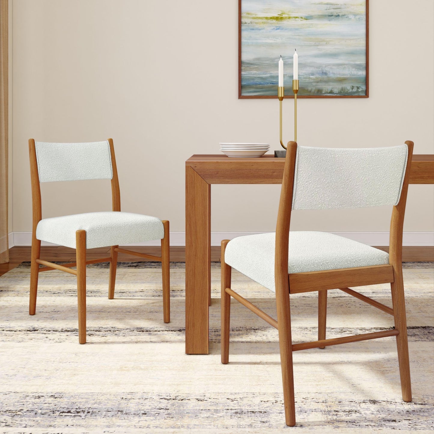 Plank+Beam Brio Dining Chair (2-Pack) - Upholstered Bouclé Seat, Solid Rubberwood Frame, Low-VOC Finish, Easy Assembly, Pecan/Ivory