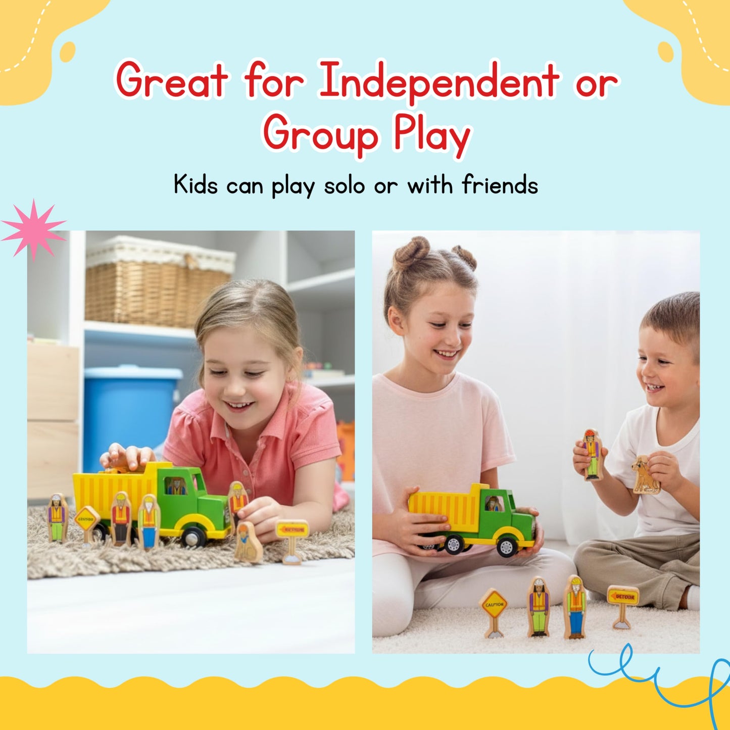 Jack Rabbit Creations- Construction Crew Magnetic Truck- 8 Piece Wooden Playset- Includes Dump Truck, Traffic Signs, Dog and Construction Workers-Motor Skills Toy- Toddlers 3+