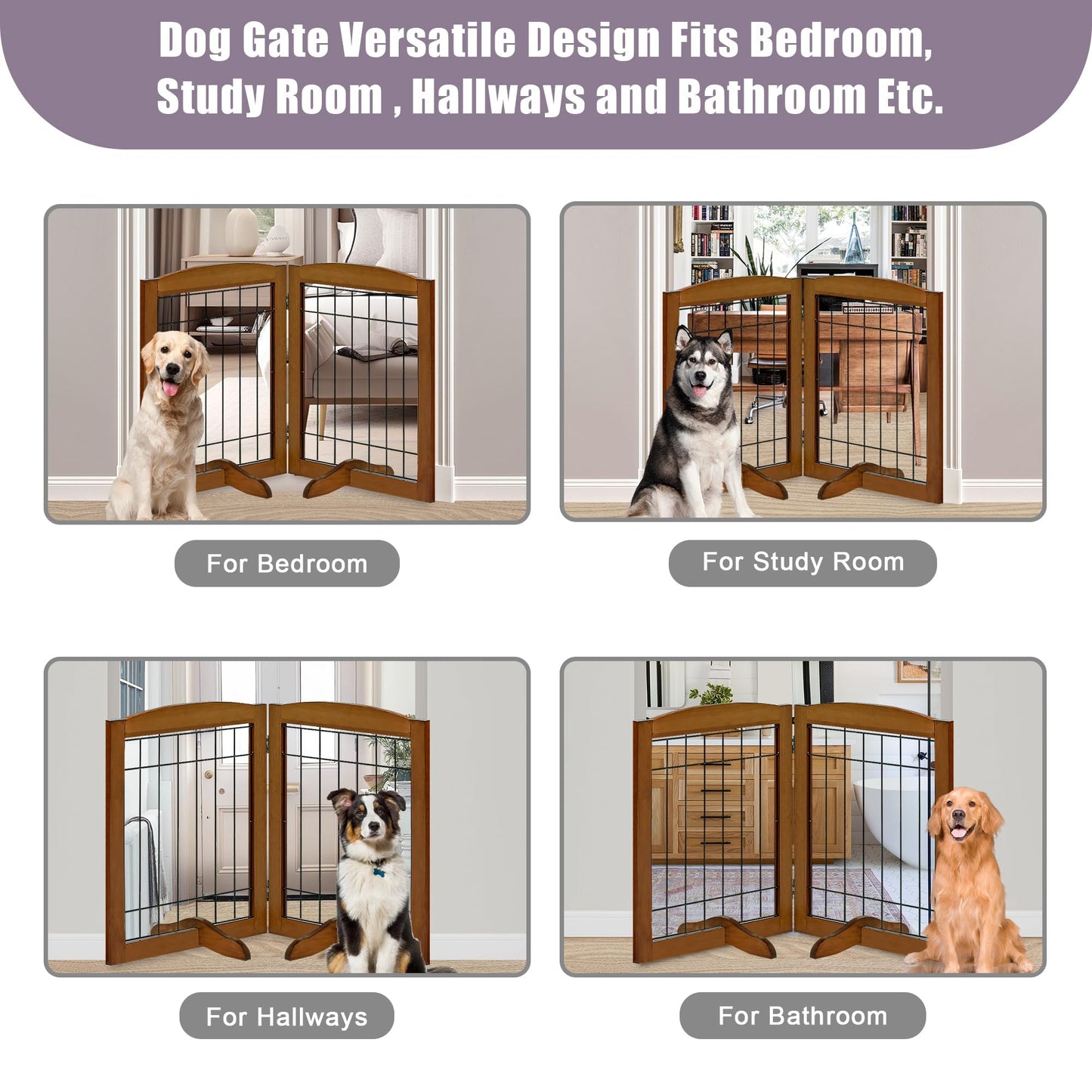 LZRS 2-Panel Freestanding Adjustable Wooden Dog Gate—30” Tall Foldable Pet Barrier with Support Feet, Solid Hardwood & Chew-Resistant Steel Wire for Doorways, Hallways, and Stairs, Oak Cherry