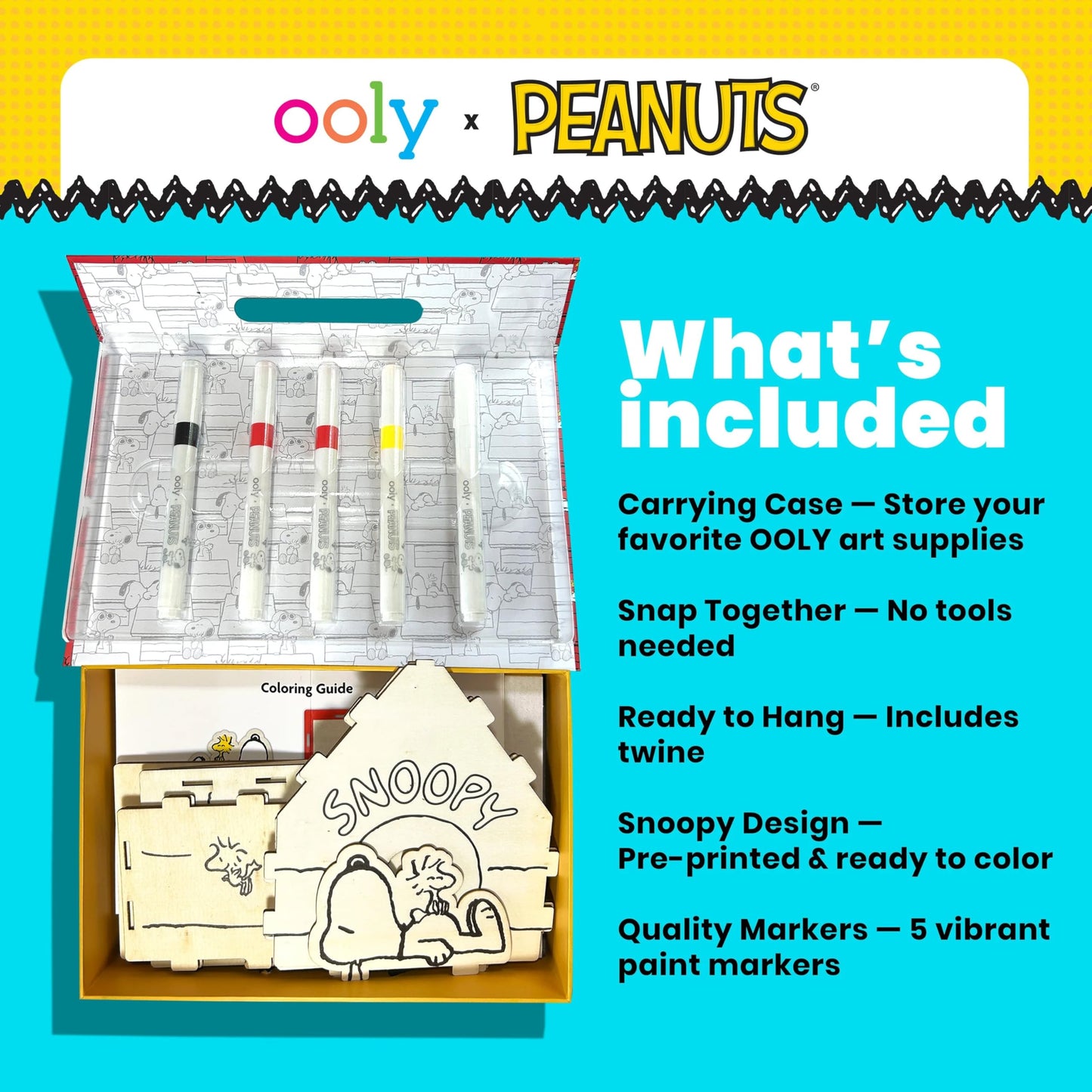 Ooly x Peanuts Snoopy Birdhouse Kit, Build & Paint Wooden Craft with 5 Acrylic Paint Markers, Twine & Instructions, Kids Craft Set Featuring Snoopy & Woodstock