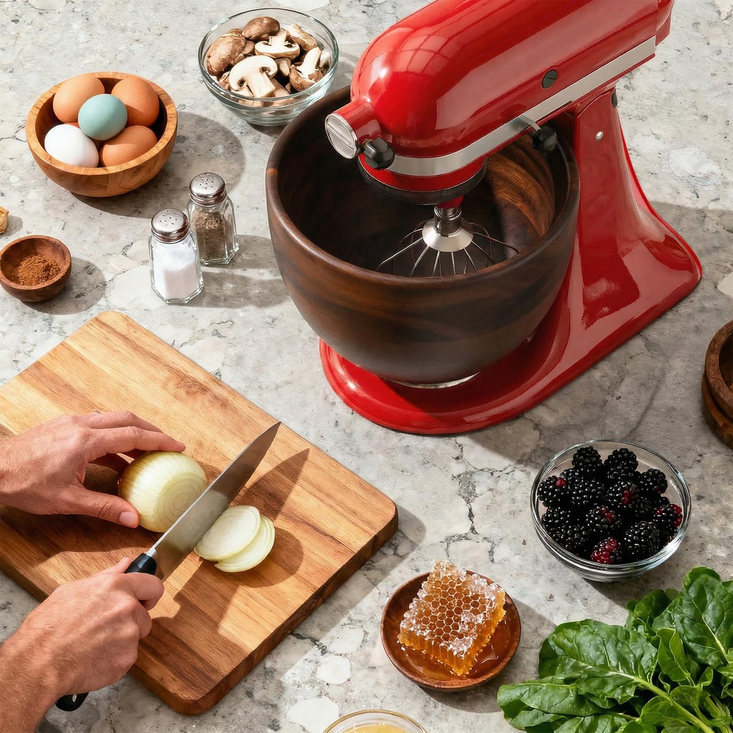 Cofun Premium Wood Mixing Bowl, Compatible with 4.5-5 Qt Tilt-Head Stand Mixers, Natural True Wooden Bowls, 5 Qt Kitchen Aid Bowls for Mixer with Stainless Steel Locking Base