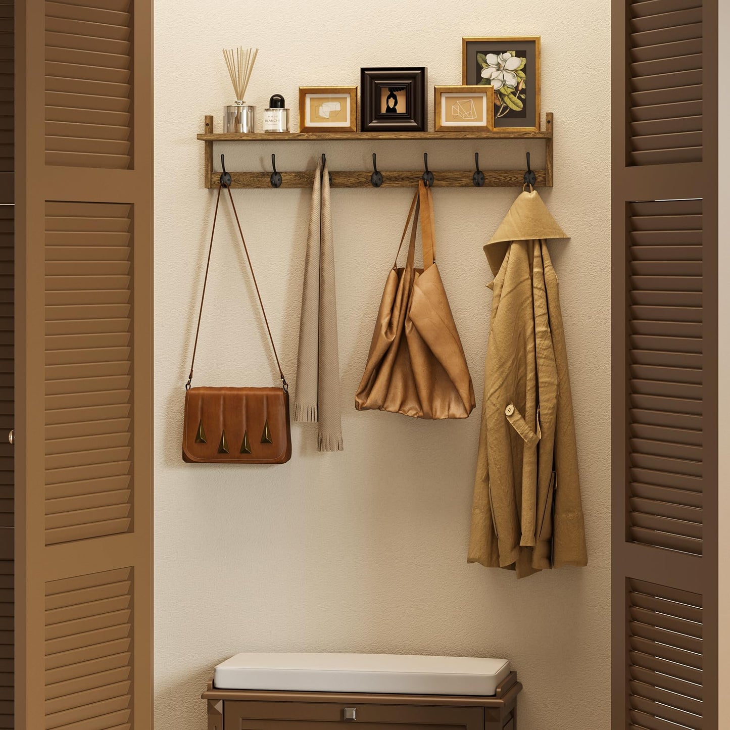 BAMEOS 35" L Wooden Coat Rack Wall Mount, Large Wall Coat Hooks with Shelf, Wall Hanging Shelf with 7 Dual Metal Hooks for Entryway, Bathroom, Kitchen, Living Room, Bedroom