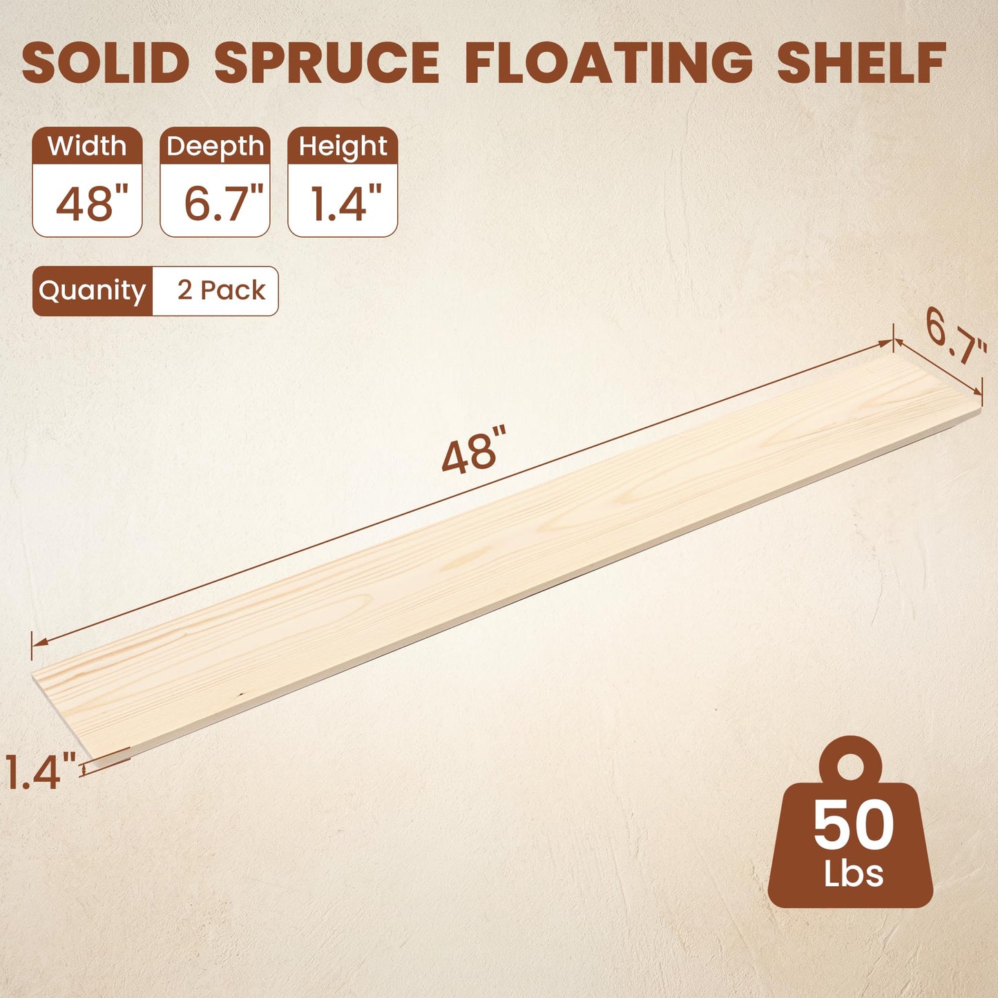 48 inch Floating Shelf for Wall, High End Solid Real Wood Shelf, Spruce Unfinished Wooden 24in Floating Shelves with Heavy Duty Bracket for Living Room Bedroom Office, 24 X 6.7 X 1.4 in, Set of 2
