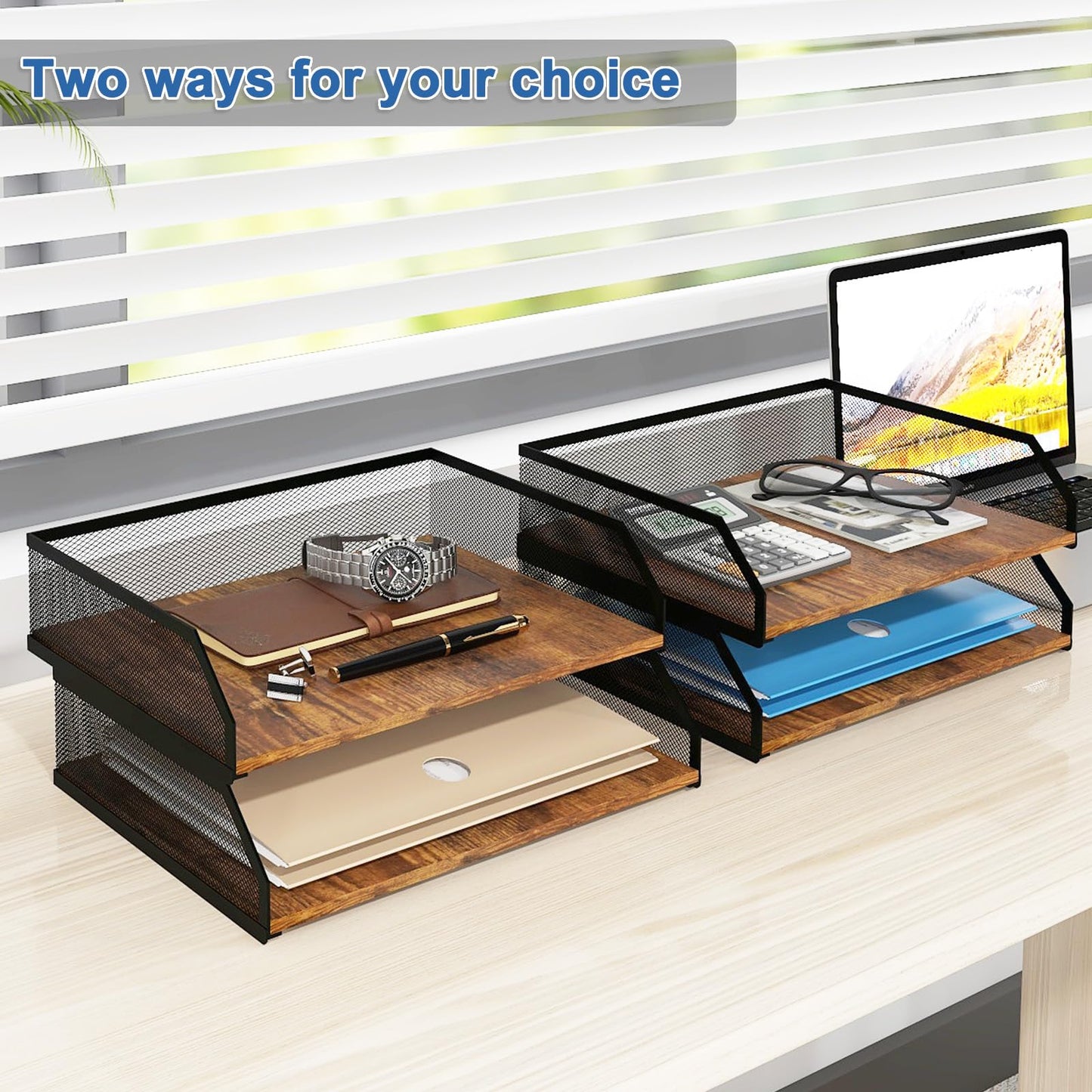Natwind 2-Tier Stackable Paper Tray, Metal Mesh Desktop Organizer, Paper Sorter, Letter Trays, File Document Storage Rack for Home, Office, School, Retro