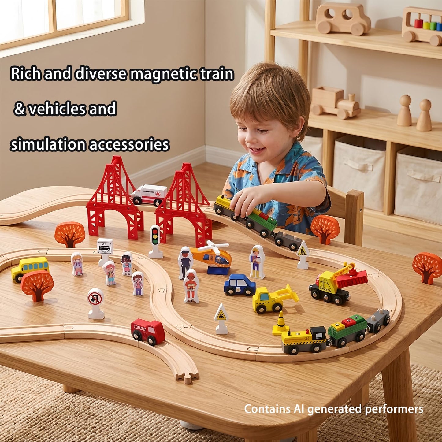 KiToyWod 100 Pcs Wooden Train Track Set, Toy Train with Tracks for Kids Ages 3-10, Compatible with Major Brands, Railway Playset for Boys and Girls Birthday Gift
