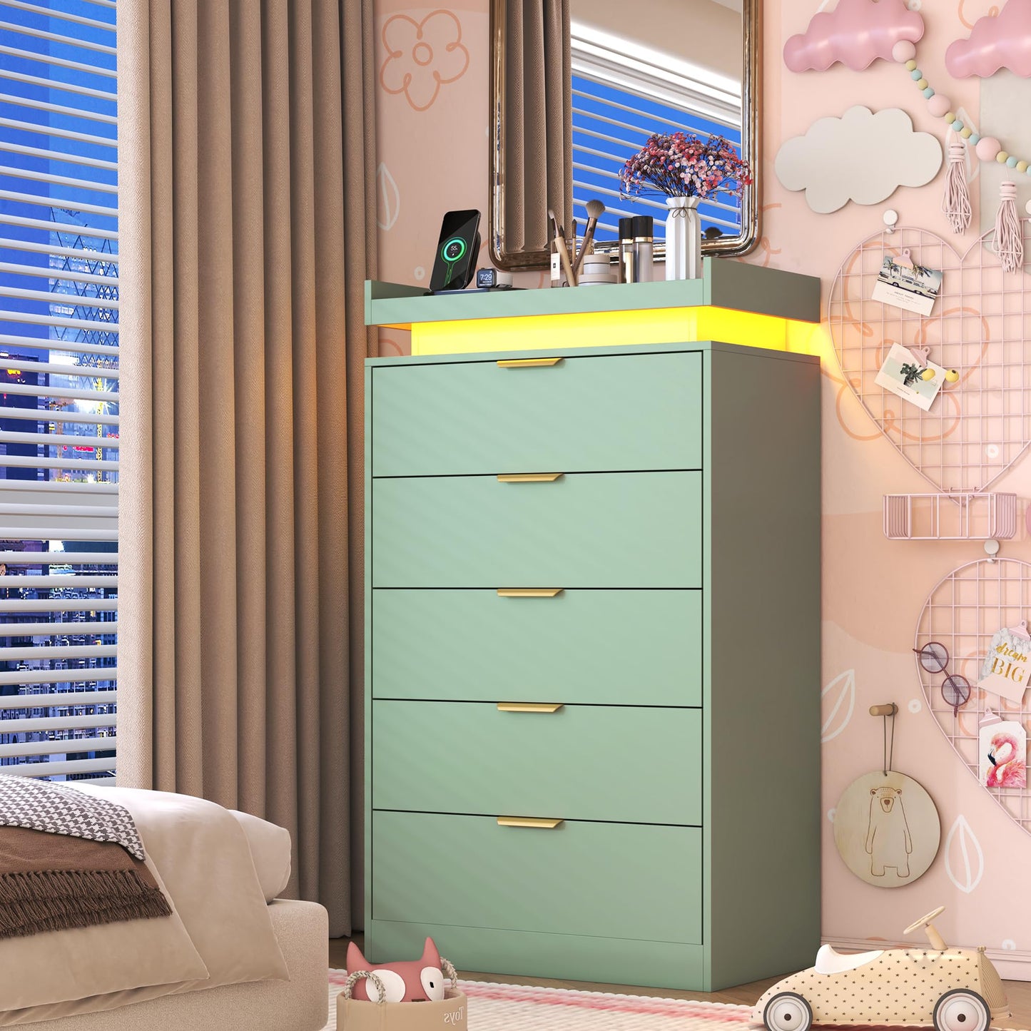 knoworld Tall Dresser for Bedroom, Dresser with LED Lights, Wood 5 Drawer Chest with Power Outlet, Modern Chest of Drawers for Bedroom, Living Room, Entryway, Hallway, Green