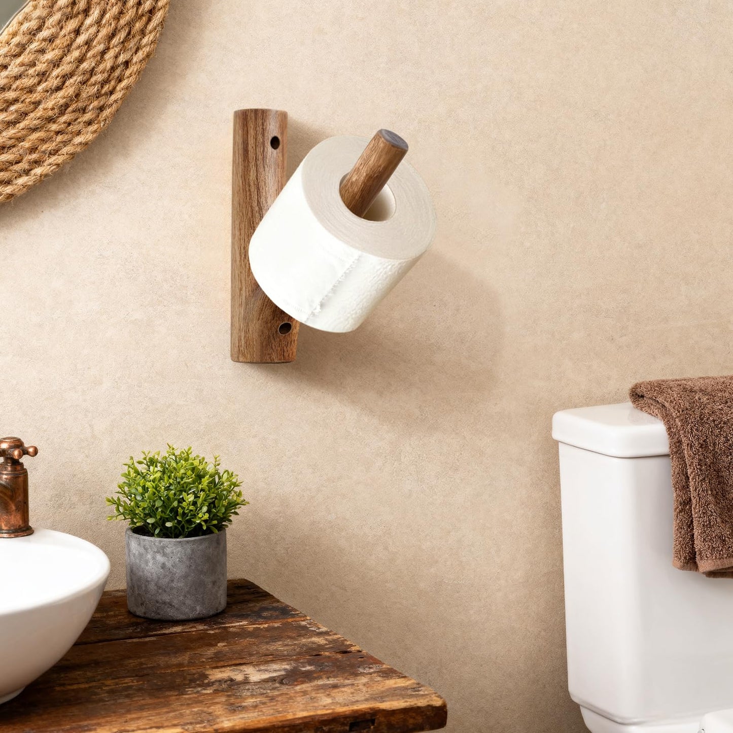 Wooden Toilet Paper Holder Wall Mount - Self-Adhesive Bathroom Tissue Holder, Retro Bohemian Farmhouse Style, No Drilling for Small Spaces Bathrooms RVs and More - Walnut Color