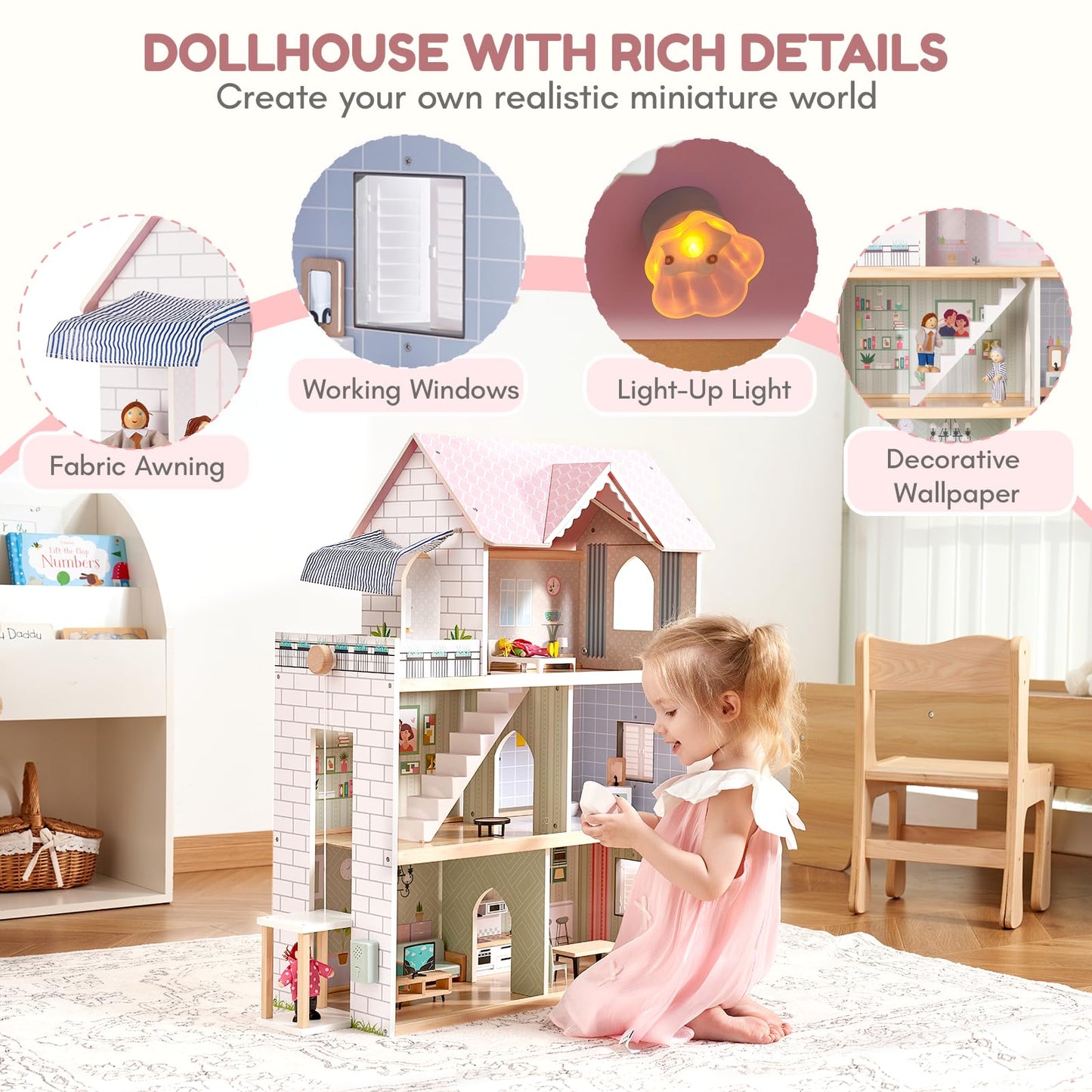 Giant bean Large Pink Wooden Dollhouse with Furniture for Girls with Doorbell, Light,Elevator, 6 Rooms 2.6ft High,17Pcs Furniture & 3 Dolls, Kids Playhouse Toy for Girls 3-7+, 31.5" x 25" x 12.2"