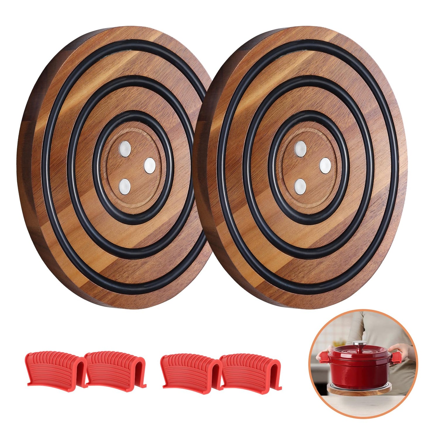 2 Pcs Magnetic Wooden Trivets, Acacia Wood with Black Silicone Rings, Magnetic Pot Holder for Le Creuset Enameled Cast Iron Dutch Oven & Cast Iron Skillets, Wood Trivet