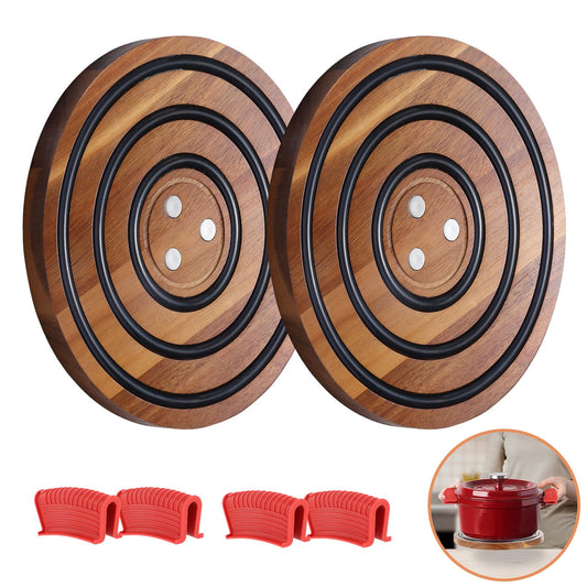 2 Pcs Magnetic Wooden Trivets, Acacia Wood with Black Silicone Rings, Magnetic Pot Holder for Le Creuset Enameled Cast Iron Dutch Oven & Cast Iron Skillets, Wood Trivet