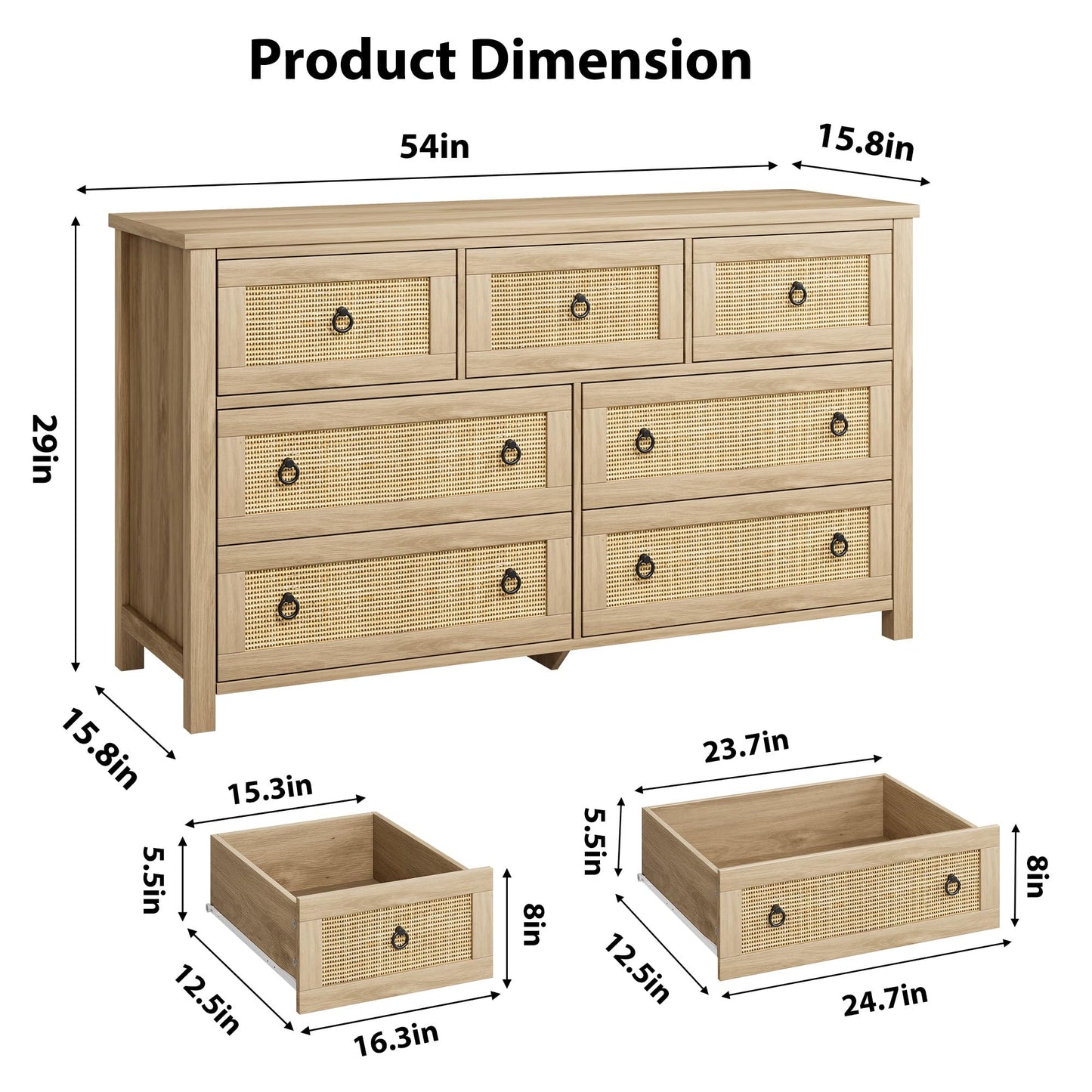 Garvee 7 Drawer Dresser, 54" Wide Rattan Chest, Natural Oak Finish