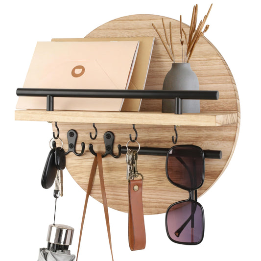 Gurfuy Key Holder for Wall with Shelf - Wood Mail Organizer and Rack with Shelf Hooks Wall Mounted for Entryway Decor Magazines Letter Storage Farmhouse Living Room Bedroom Doorway (Nature)