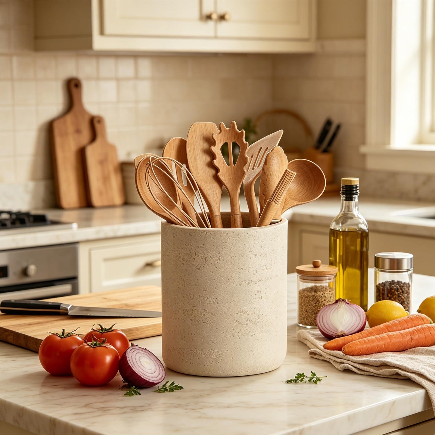Rustic Beige Stone-Look Utensil Crock for Kitchen Counter – 6" x 7" Heavy Resin Holder with Non-Slip Base, Organizes Wooden Spatulas & Cooking Utensils, Farmhouse Kitchen Decor