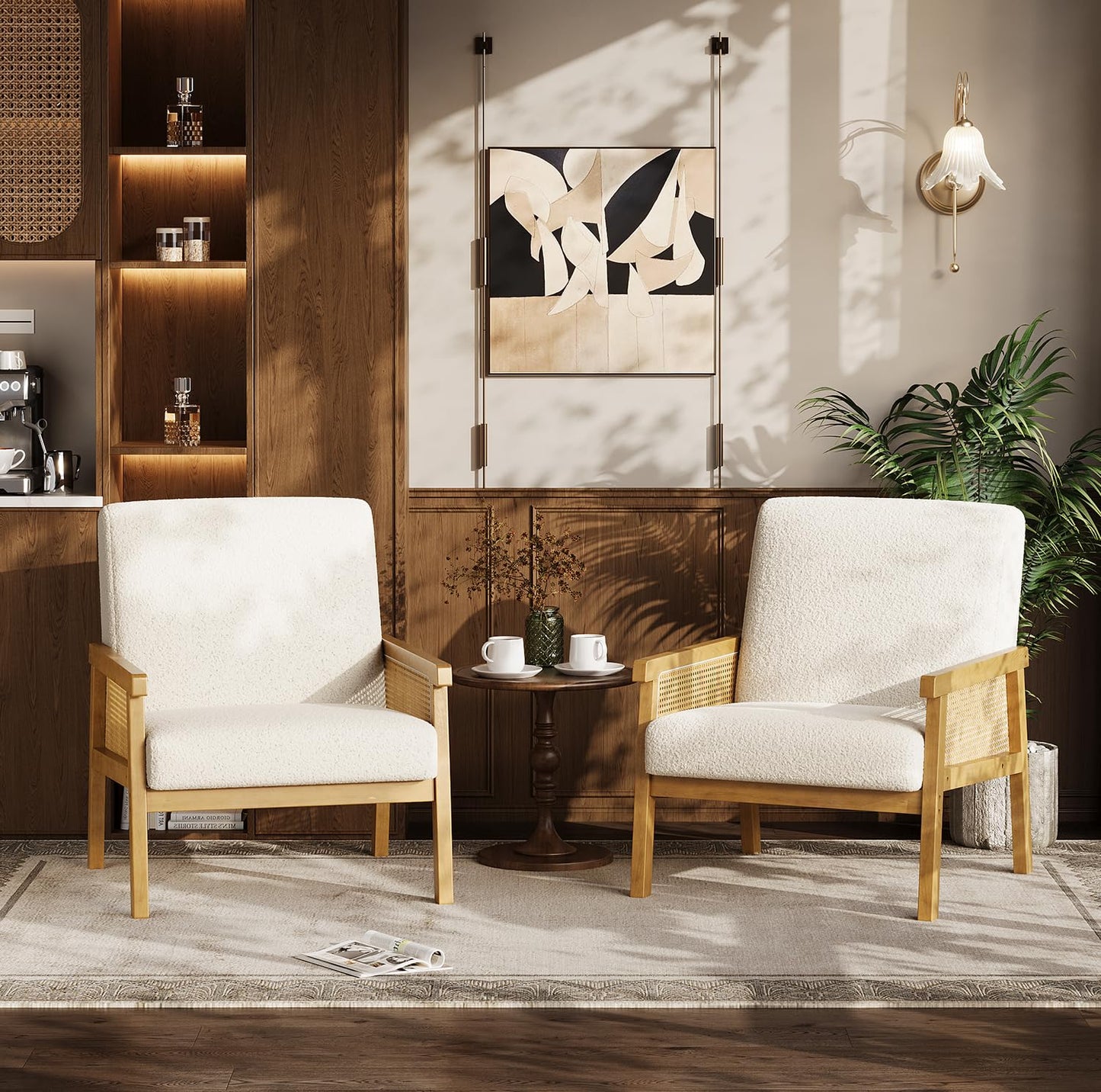 IDEALHOUSE Rattan Accent Chair, Boucle Armchair, Upholstered Reading Chair with Wooden Frame and High Back, Leisure Chairs for Living Room Bedroom Waiting Room Reception, White