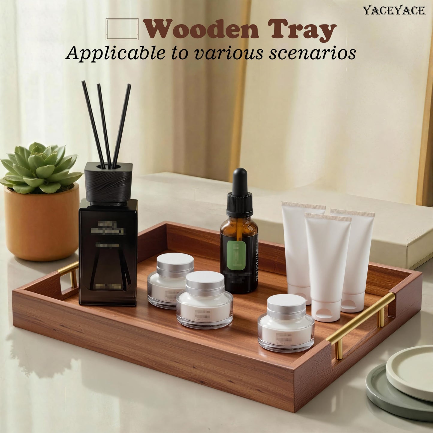 YACEYACE Wooden Serving Tray with Metal Handles, 14" x 9.8" x 1.7" Small Serving Tray for Kitchen Counter, Ottoman Coffee Table, Bathroom, Home Decor