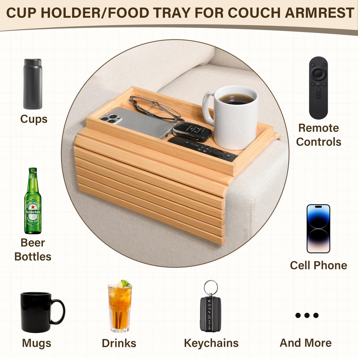 YUBAMIN Bamboo Sofa Arm Tray, Anti-Dropping Couch Arm Tray, Foldable Sofa Armrest Tray Couch Arm Table for Eats, Drinks, Snacks, Remote, Cellphone, Cup Holder, Back Anti-Slip Pad Design