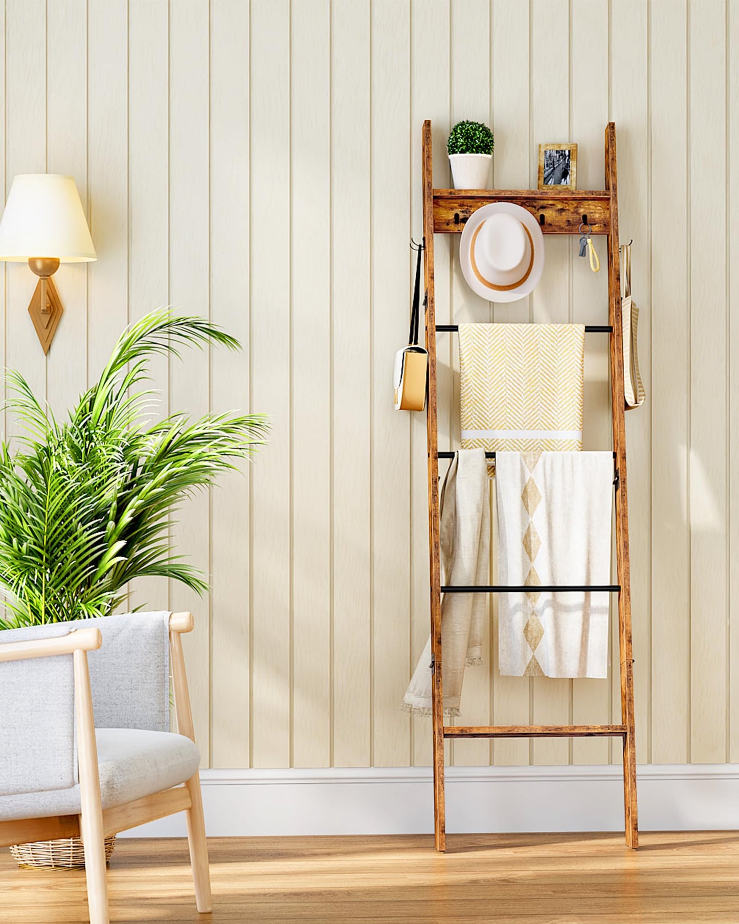 CHOEZON 5-Tier Blanket Ladder and Over The Toilet Storage Rack Bundle, Wooden Blanket Display Rack, Towel Ladder with Hooks, for Living Room, Bedroom, Balcony, MCJ02FG-TTS03BF