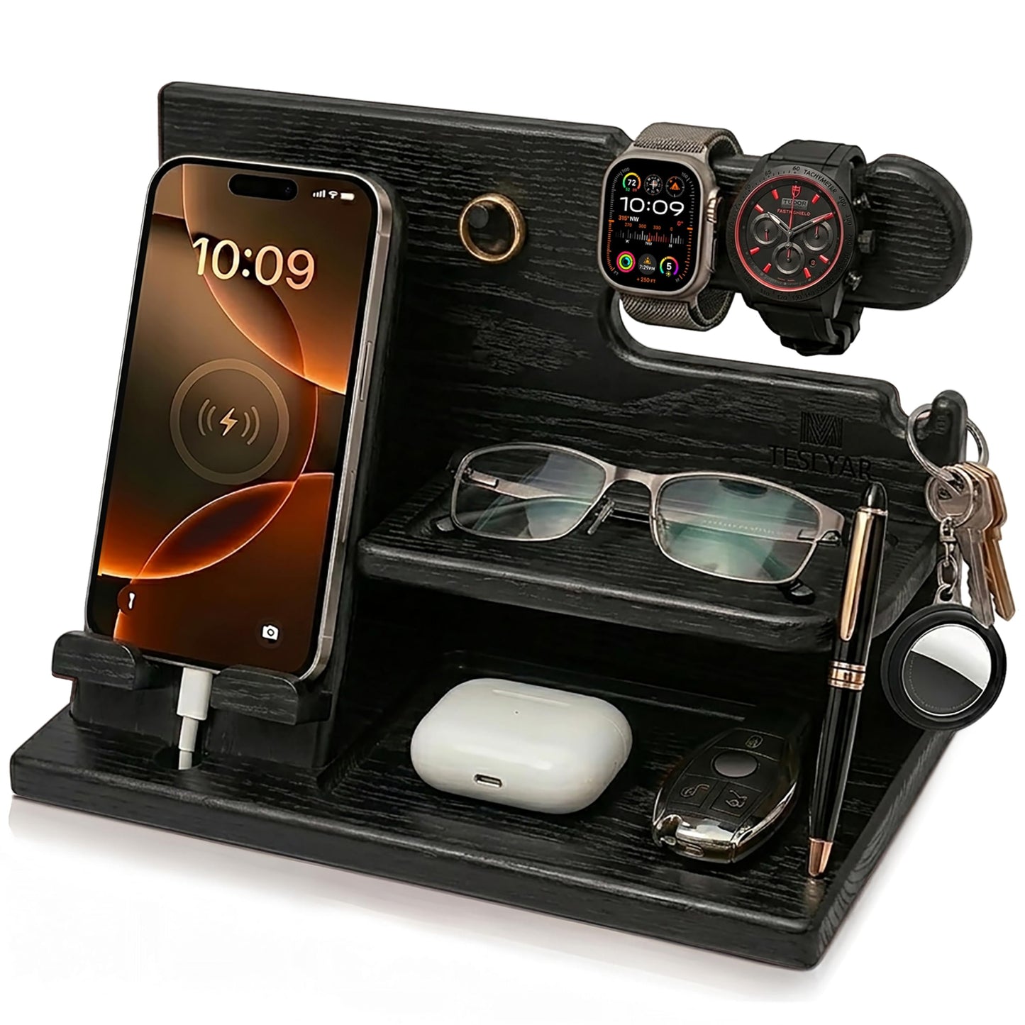 TESLYAR Wood Phone Docking Station for Men - Desk or Nightstand Organizer - Birthday Gifts for Husband, Dad - Anniversary Idea from Wife - Key Holder, Stand Wallet, Watch & Essentials (Granite Black)