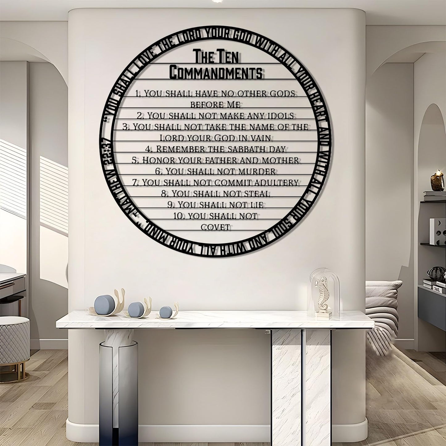 Christian Ten Commandments Metal Wall Art, 10 Commandments Bible Verse Metal Wall Art, Matthew 22:37 Scripture Wall Decor, You Shall Love The Lord Your God with All Your Heart (Gold, 24"x24"/60x60cm)