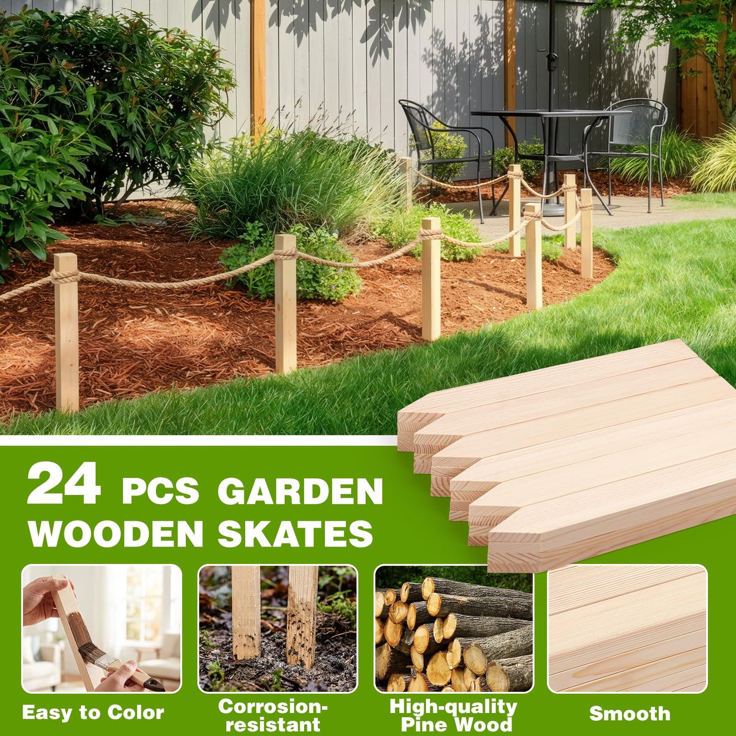 24Pcs Wooden Garden Stakes, 17in Pinewood Yard Stakes for Plant Support, Garden Fencing, Ground Marking, Signs, Grade, Baselines, Survey Stakes and Boundary