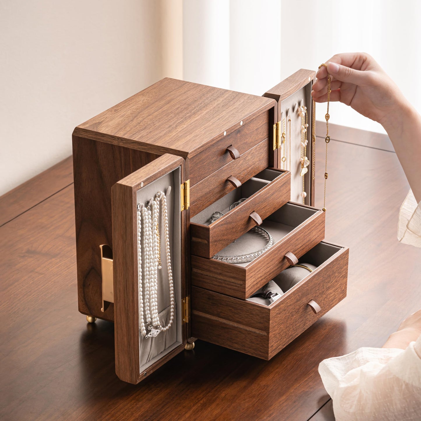 ZMARKRAFT® Black Walnut Wooden Jewelry Box, Decorative Multi-Layer Solid Wood Jewelry Case, Organizer for Rings, Necklaces, Earrings, Treasure Box Storage, Practical and Thoughtful Gift for Women