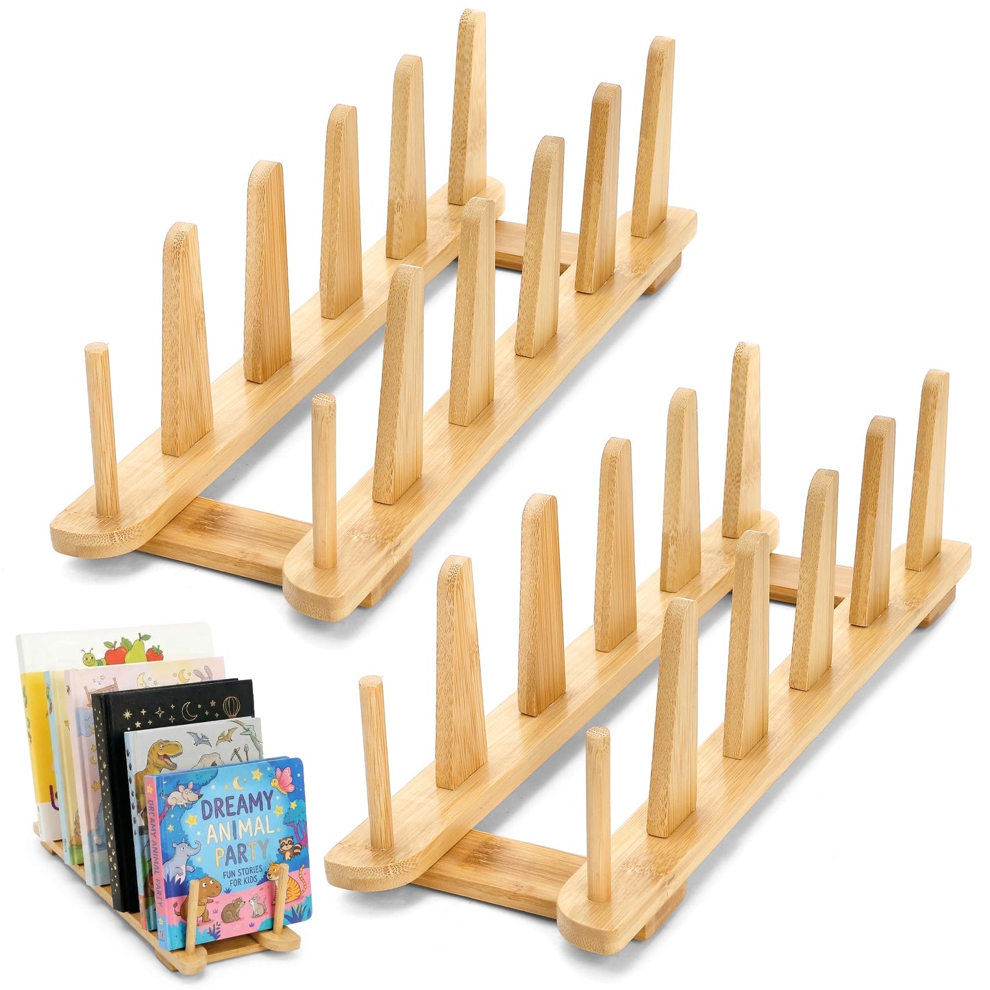 Yopay 2 Pack Book Display Stand Bamboo, 5 Tier Puzzle Record Rack Easel Holder for Vendors, Counter Retail Display for Magazine Art Print, Hat Organizer for Baseball Caps
