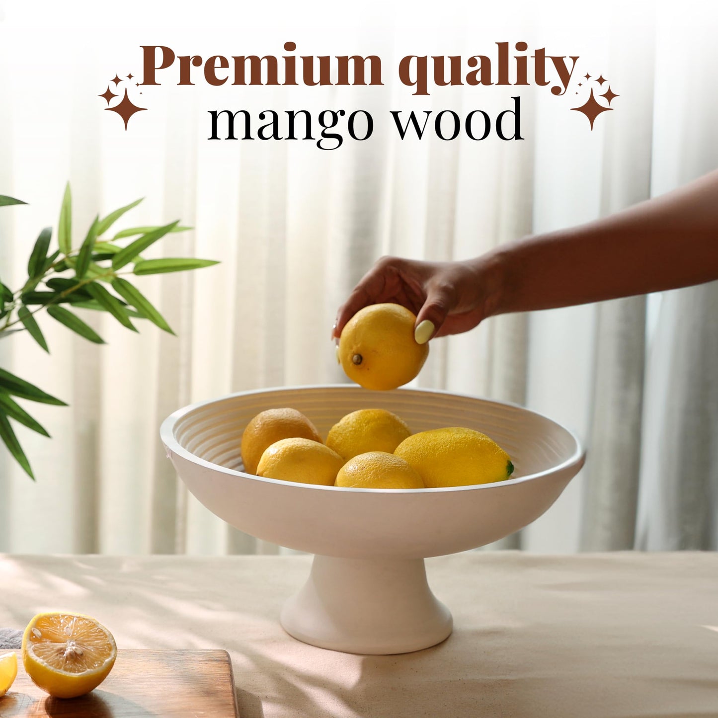 Folkulture Wooden Fruit Bowl for Kitchen Counter | 12" Large Premium Eco Friendly Banana Fruit Basket for Kitchen | White Wood Bowl with Holder, Pedestal for Table Decor, Centerpiece for Dining Table