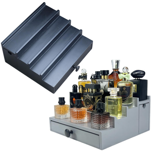 4 Tier Black Cologne Organizer with 4 Tier Grey one