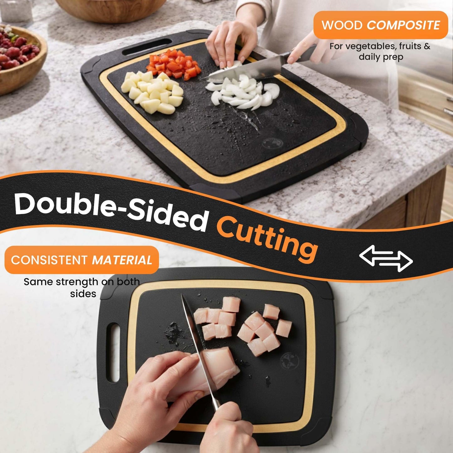 Earth's Dreams Composite Wood Cutting Board Set of 3 – Built In Juice Groove, Non-Toxic Cutting Boards for Kitchen – Large, Medium & Small Non-Slip Wood Charcuterie & Chopping Boards (Black/Tan)