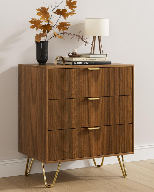 AEPOALUA Walnut Dresser for Bedroom, Modern Fluted 3 Drawer Dresser with Storage, Dresser Chest of Drawers with Gold Handles for Bedroom, Living Room, Closet, Hallway, 15.8" D x 23.6" W x 27.6" H