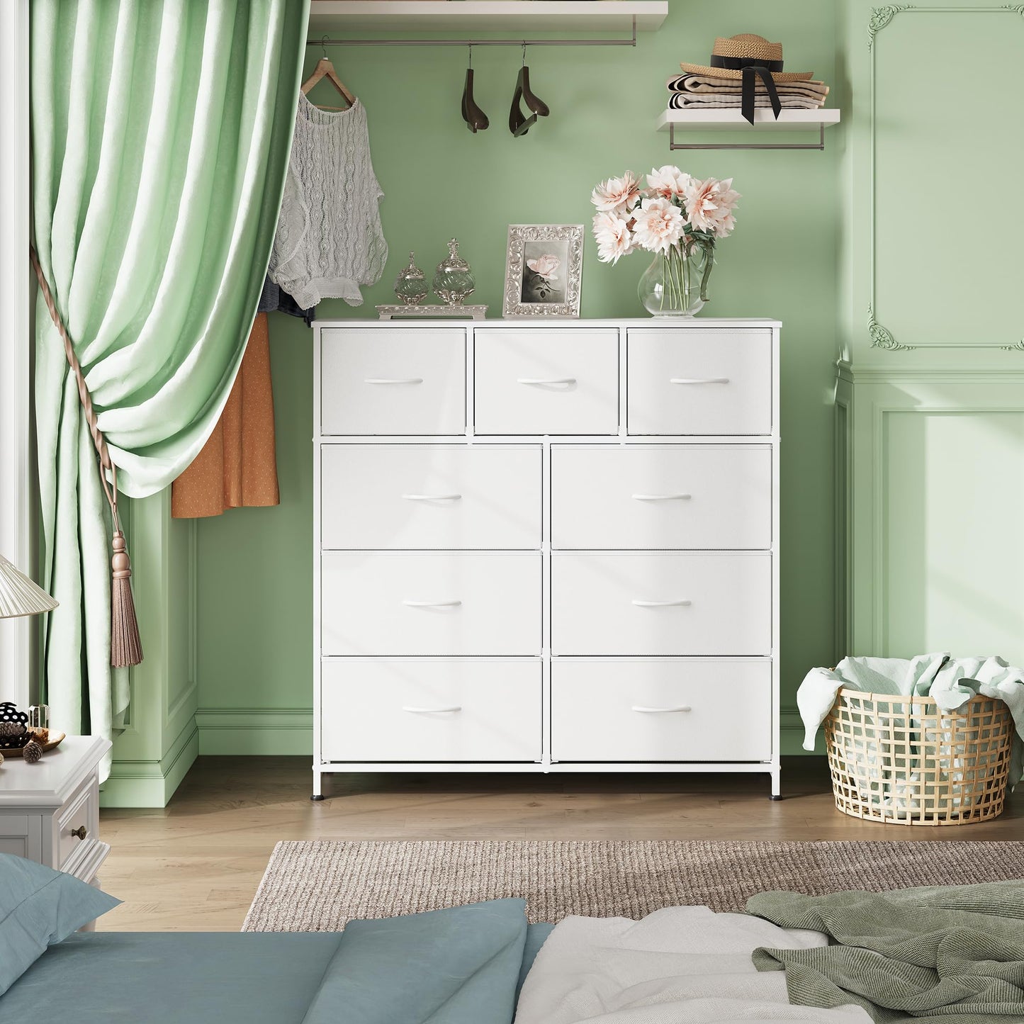 WLIVE 9-Drawer Dresser & Nightstands for Bedroom Set of 2, Organizer Unit for Bedroom with Fabric Bins, Steel Frame, Wood Top, Easy Pull Handle, White