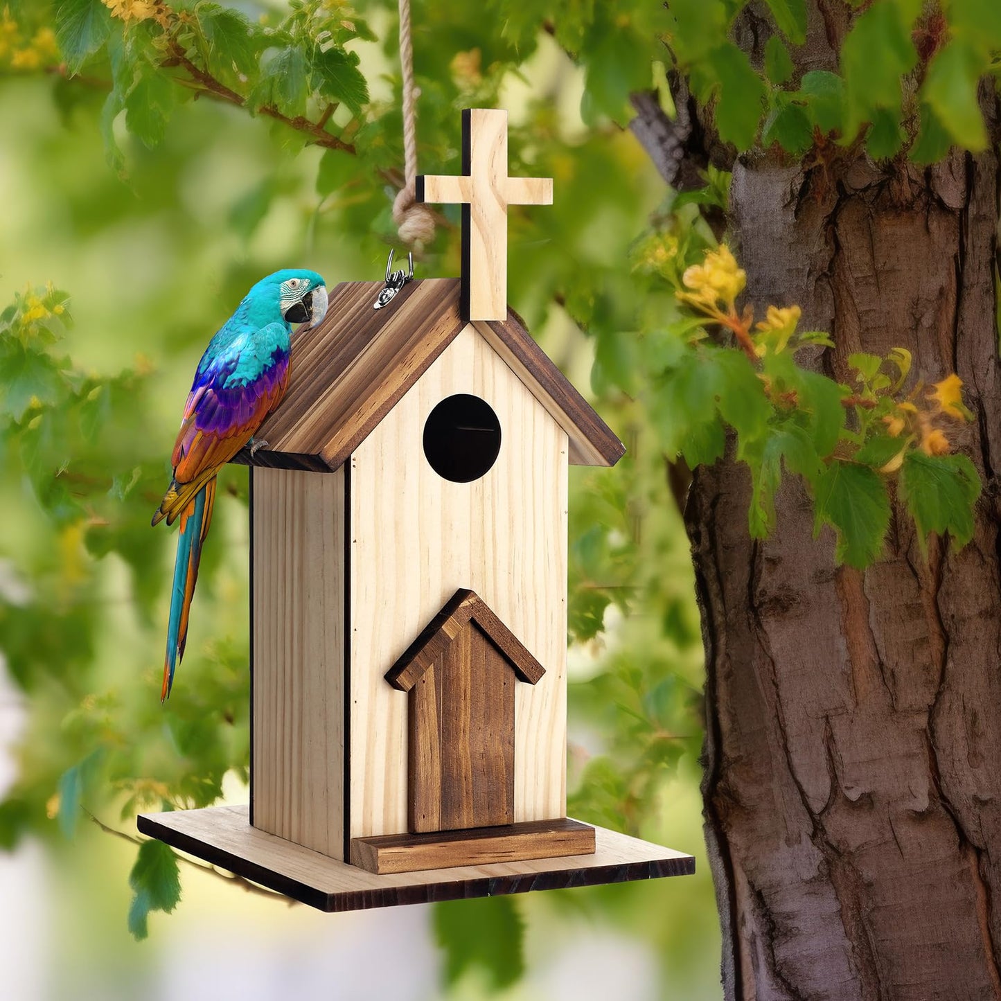 Leinuosen 2 Pcs Birdhouse Outdoor Hanging Wooden Church Birdhouse Cross Design 12" H Small Bird Houses Religious Bluebird Hummingbird Nesting Boxes for Outside Spring Easter Baptisms Garden Decoration