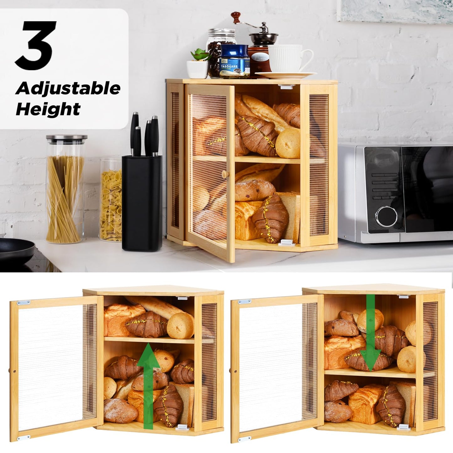Ollieroo Bread Box,Bamboo Bread Container,Double Layer Large Capacity Storage Bins,Kitchen Countertop Bread Box,Bread Saver with Acrylic Wavy Door Panel,Bamboo,Extra Large