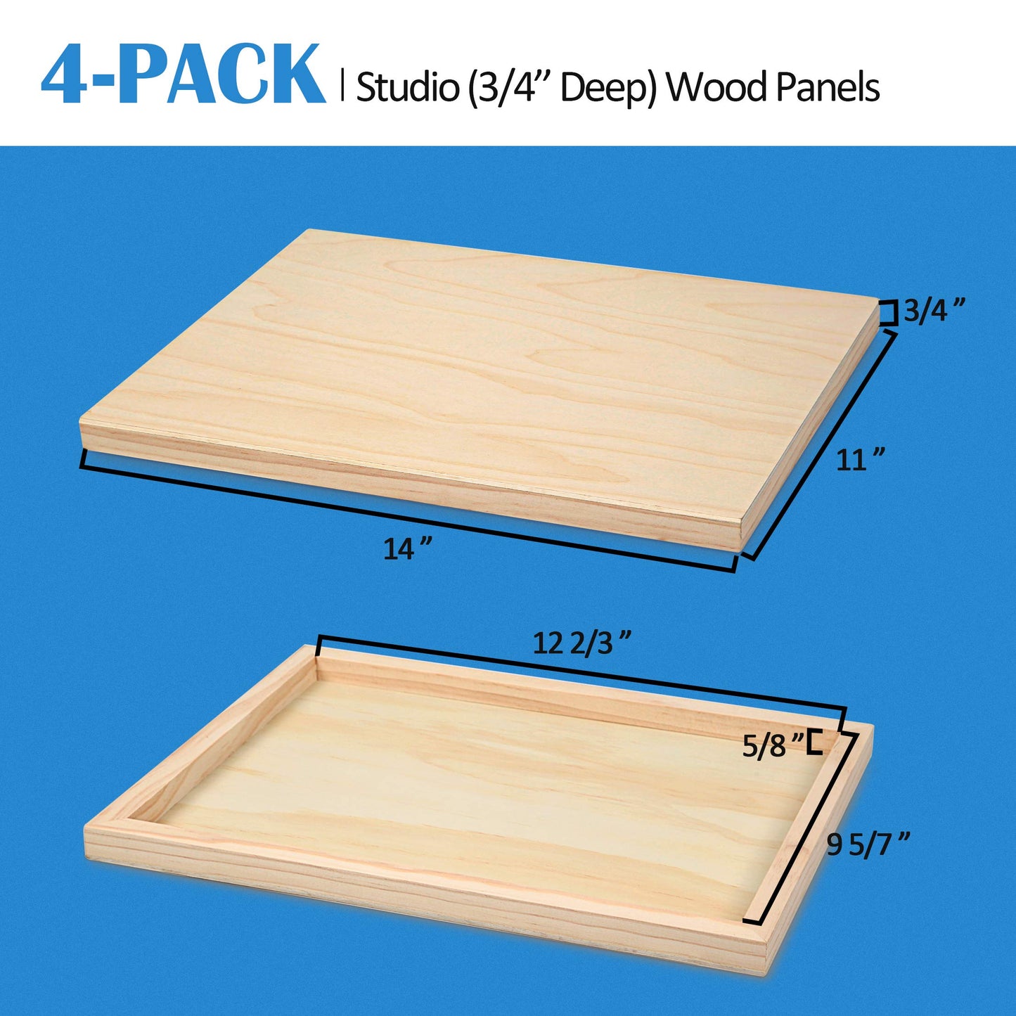 Falling in Art Unfinished Birch Wood Canvas Panels Kit, 4 Pack of 11x14'' Studio 3/4'' Deep Cradle Boards for Pouring Art, Crafts, Painting and More