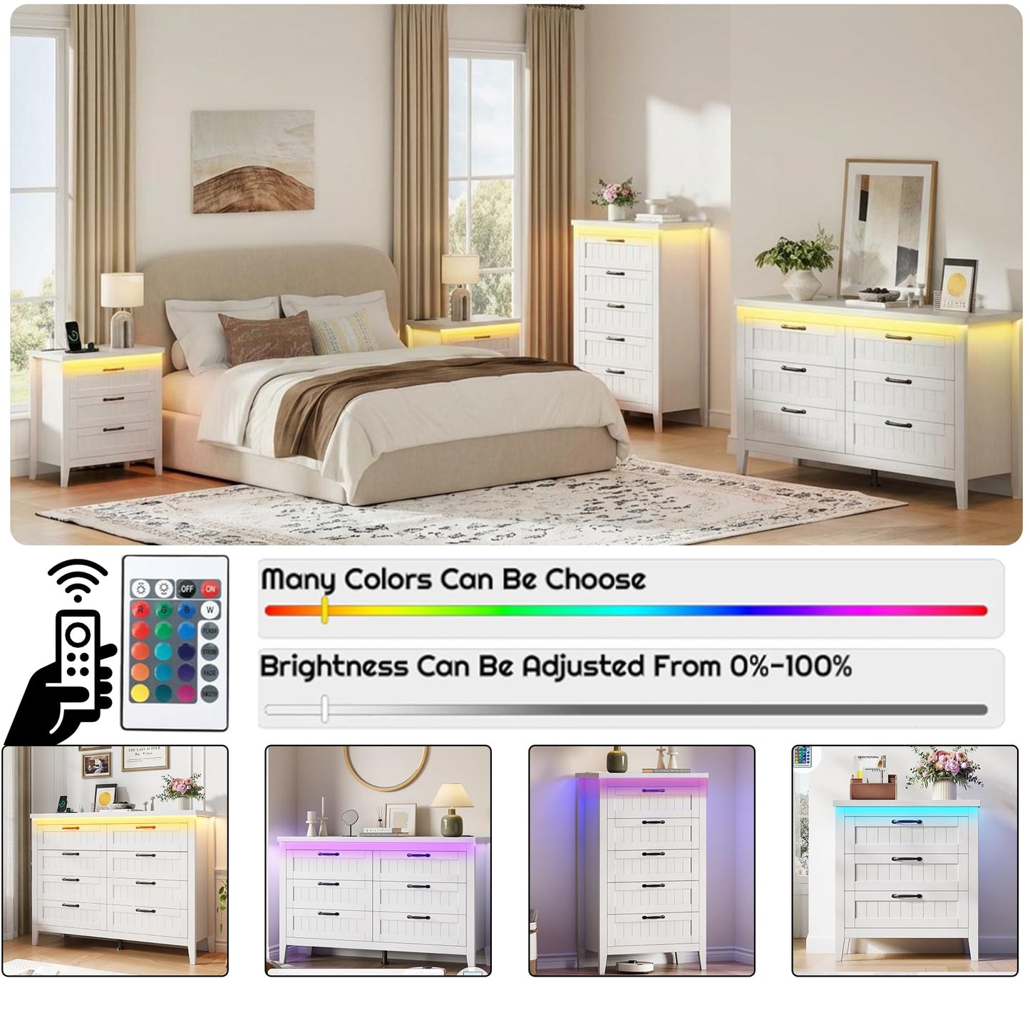 GarveeHome Farmhouse Tall 5 Drawer Dresser with Charging Station & LED Lights, Slim Wooden Bedroom Dresser, Rustic Chest of Drawers Clothes Storage Organizer for Closet Dorm Apartments, White