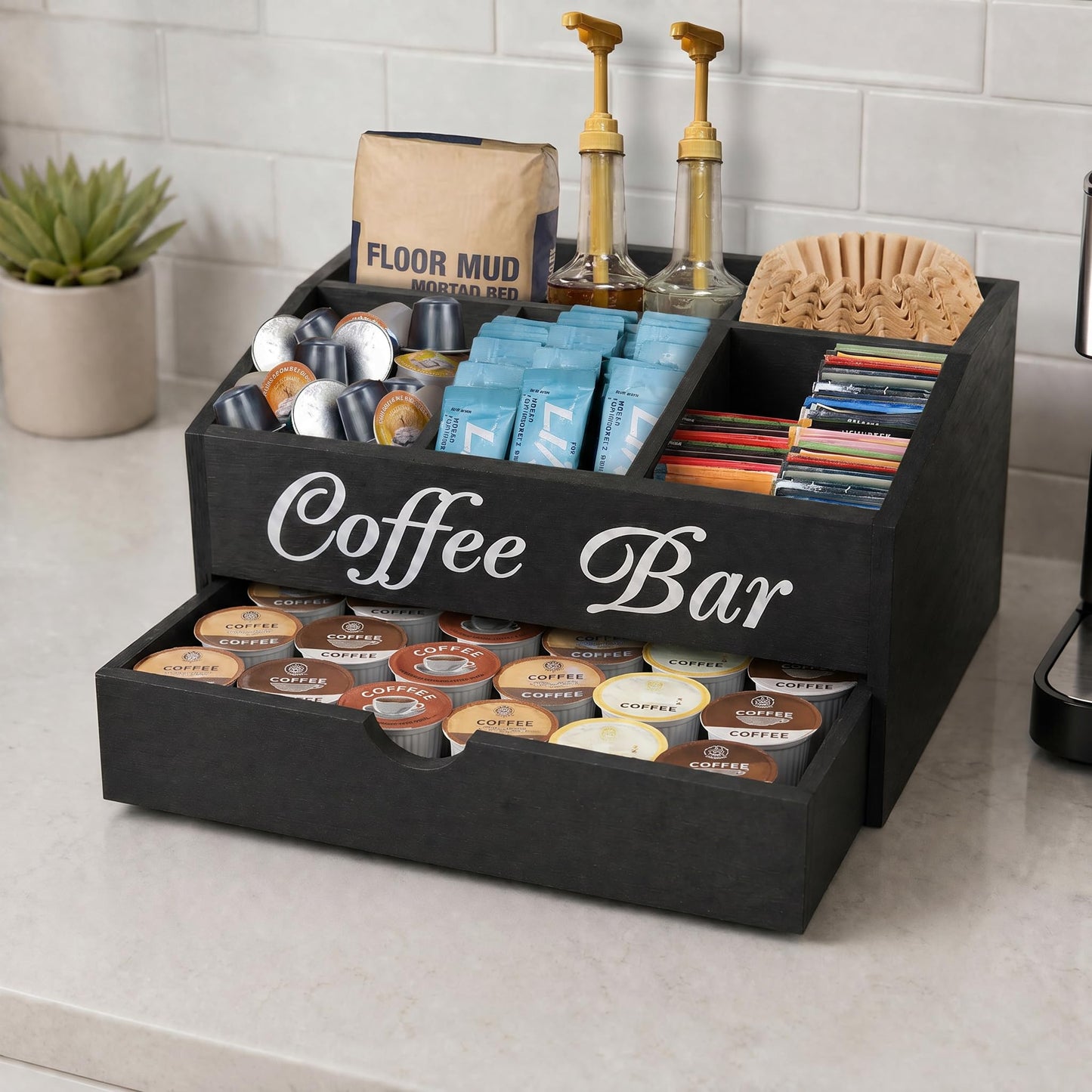 SHAXIXI Coffee Station Organizer - Double Layer with Drawers, Country Style Coffee Bar Organizer, Farmhouse Coffee Capsule Storage Basket, Natural Solid Wood Material(Black Double Layer)