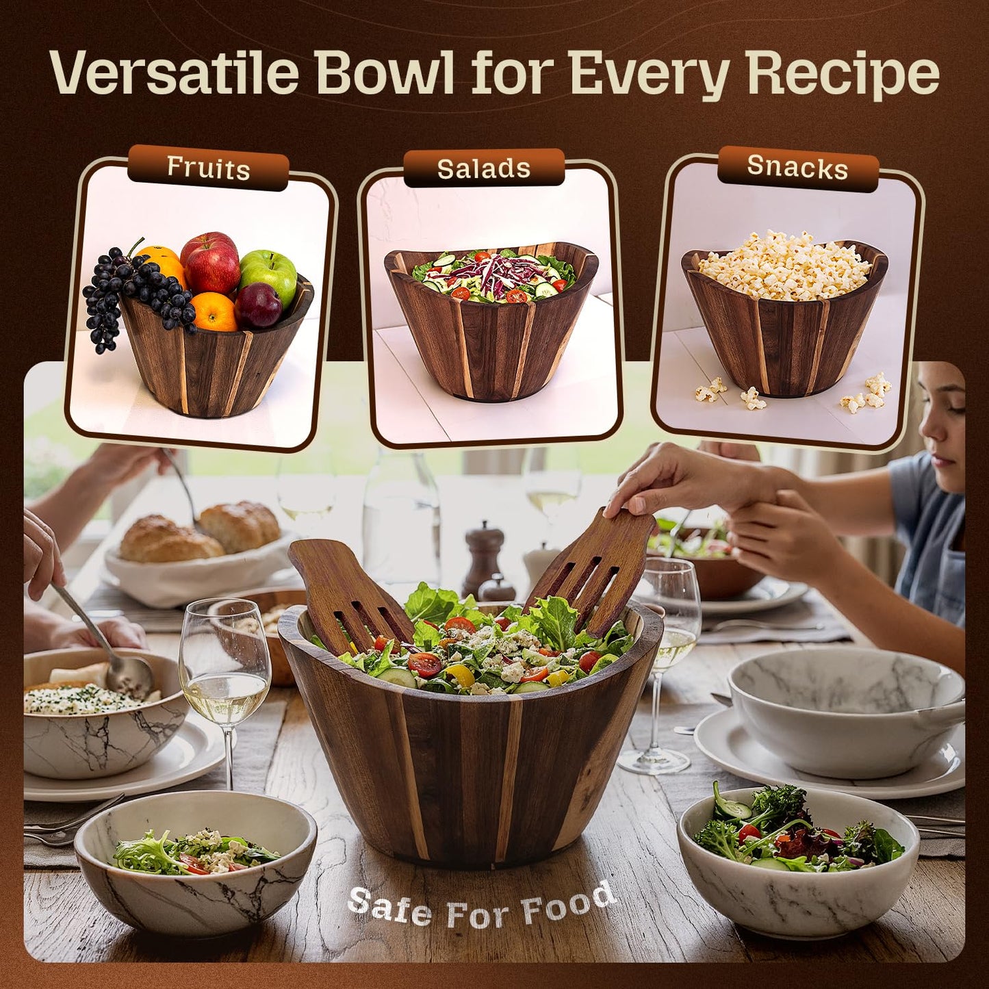 NAZOX Acacia Wood Salad Bowl Set with Serving Hands, 10” Diameter, 6” Height - Handmade, Large Serving Bowl for Salad, Fruit & Pasta - Durable Natural Brown Serveware Gift, Modern Geometric Design
