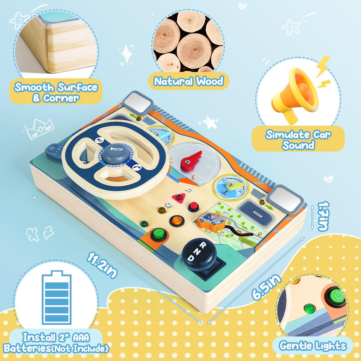 Busy Board Montessori Toys for 1 2 3 Year Old, Wooden Toddler Sensory Toy Busy Board with LED Lights Sound Switch, Toddlers Activity Travel Toy, Steering Wheel Toddler Toys Christmas Gift for Boy Girl