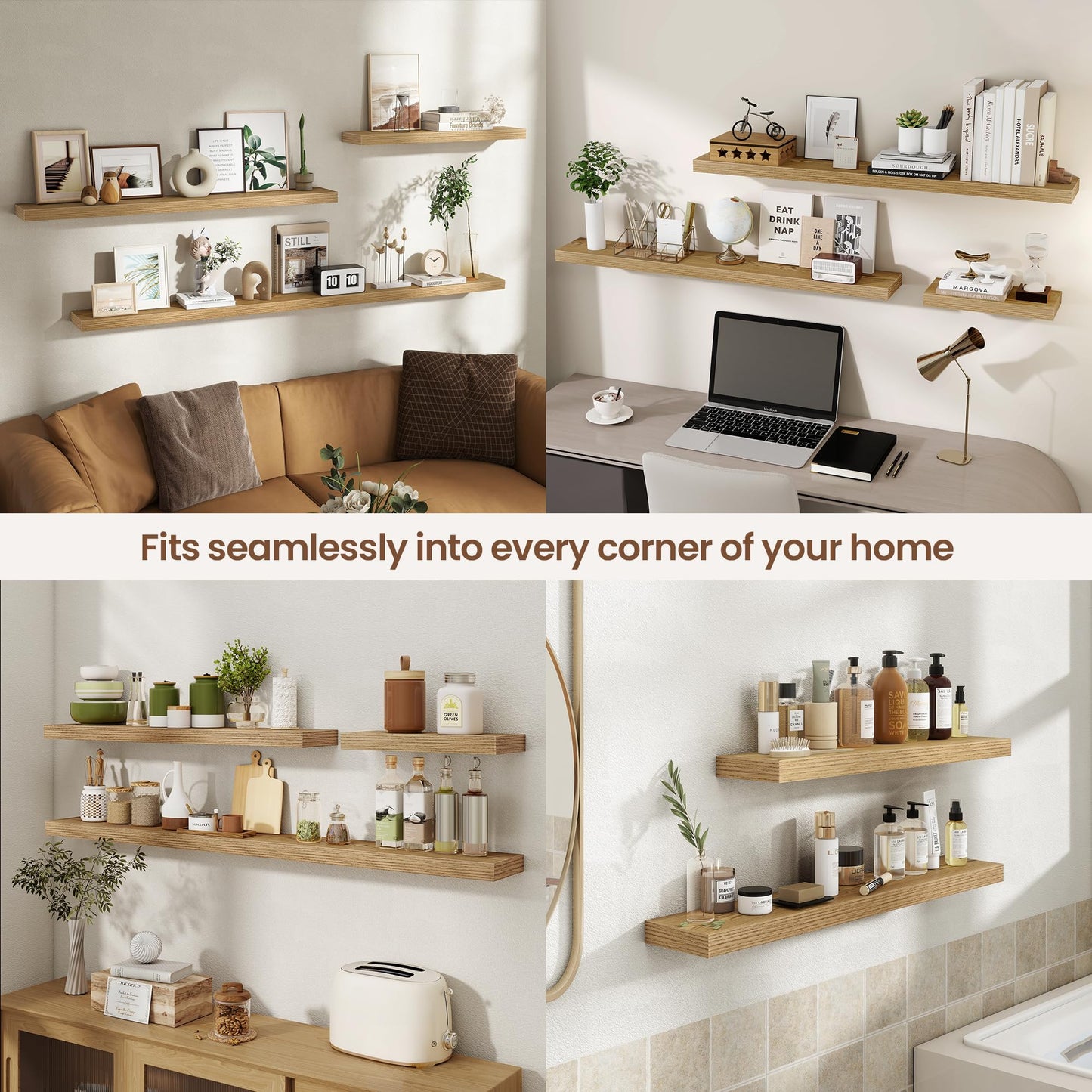 Acovy 40 Inch Floating Shelves for Wall 2 Pack, 40" Wall Shelves for Books, Storage, Decor, Wall Mounted Floating Shelf with Invisible Brackets for Kitchen, Living Room, Light Brown