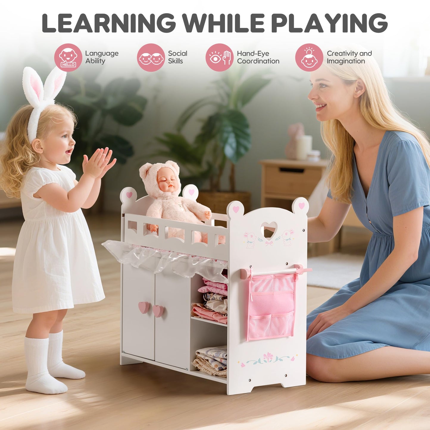 ROBOTIME Baby Doll Crib – Wooden Baby Doll Changing Table with Storage – Bedding & Hooks, Fits 18-21" Dolls, Doll Bed Playset for Girls Ages 3+