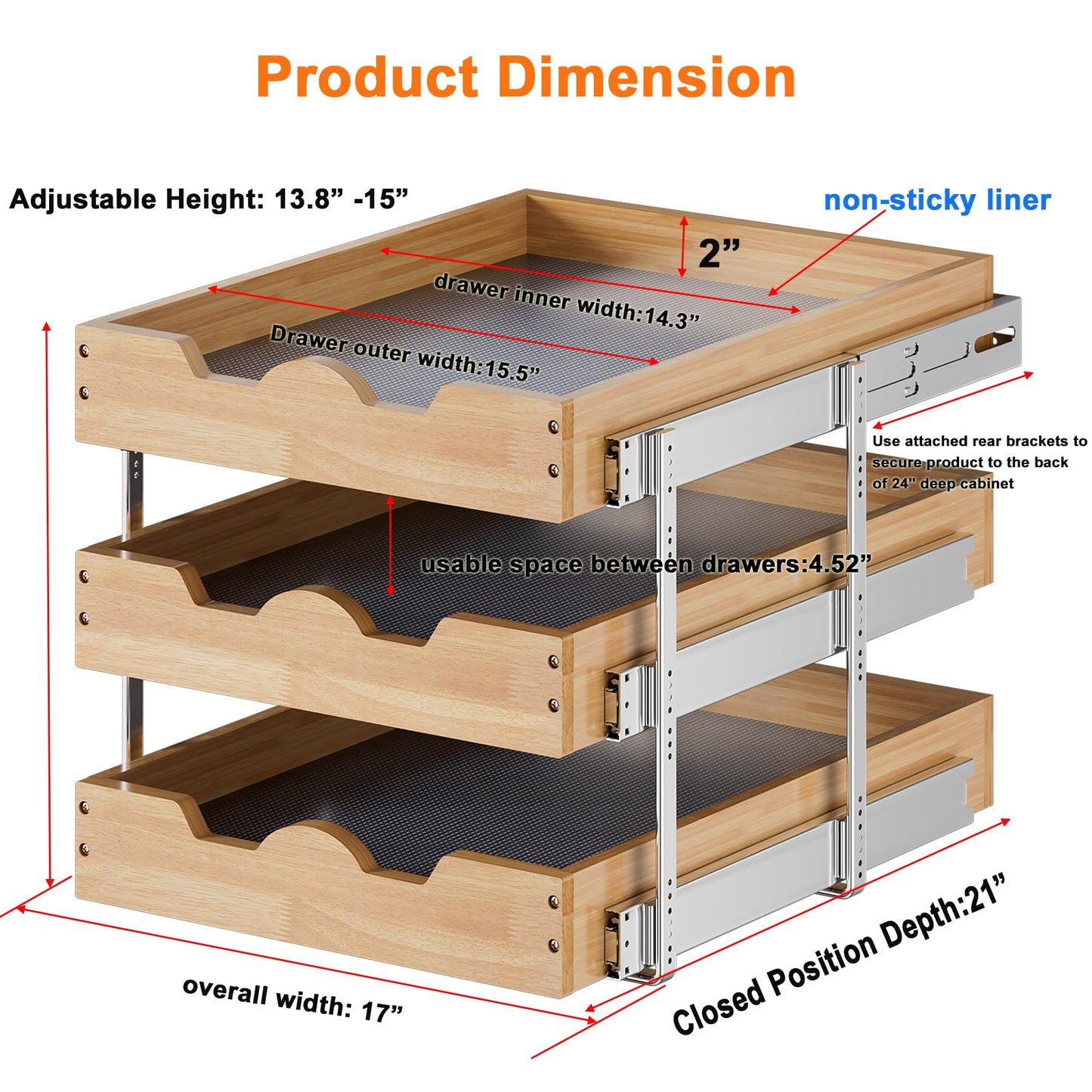 DINDON 3 Tier Pull Out Cabinet Organizer 17”W X21”D Slide Out Shelves With Shelf Liner for Kitchen Wood Roll Out Drawers Pantry Organization