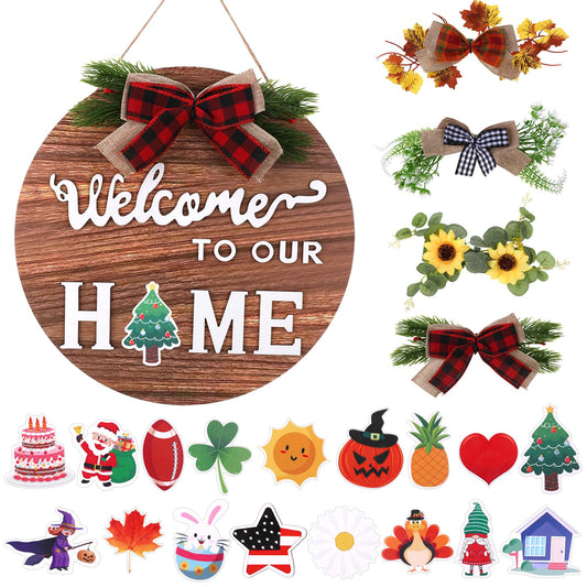 Interchangeable Welcome Sign for Front Door with 4 Seasonal & 17 Holiday Decor Changeable Icons, Wooden Hanging Porch Welcome to Our Home Sign, Rustic Door Wreaths for Front Door Outside All Season